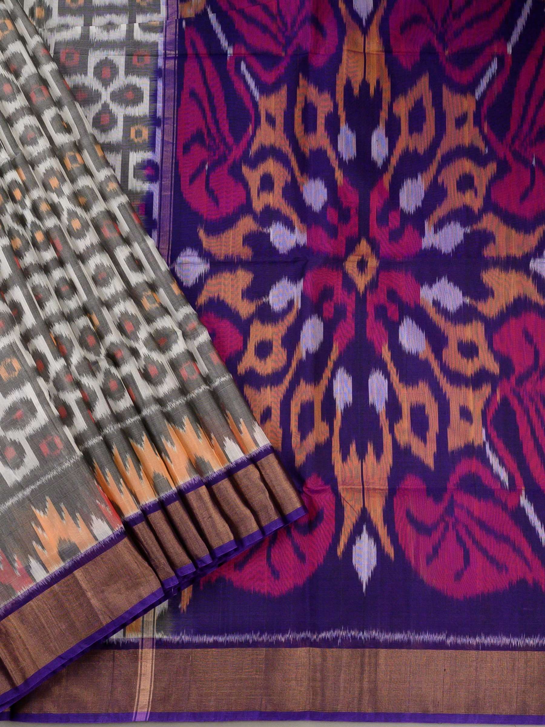 Handloom Pochampally Silk Cotton Saree in Grey and Purple with Ikat Design