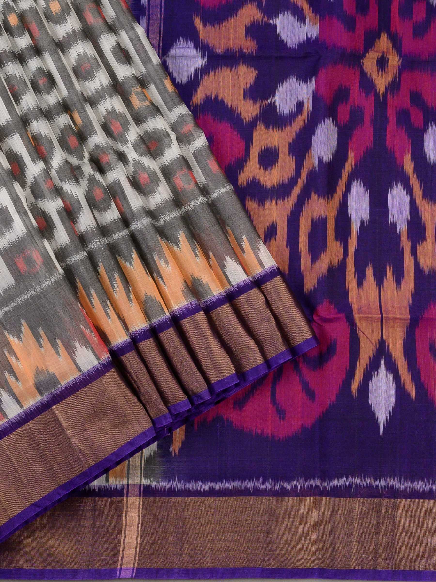 Handloom Pochampally Silk Cotton Saree in Grey and Purple with Ikat Design