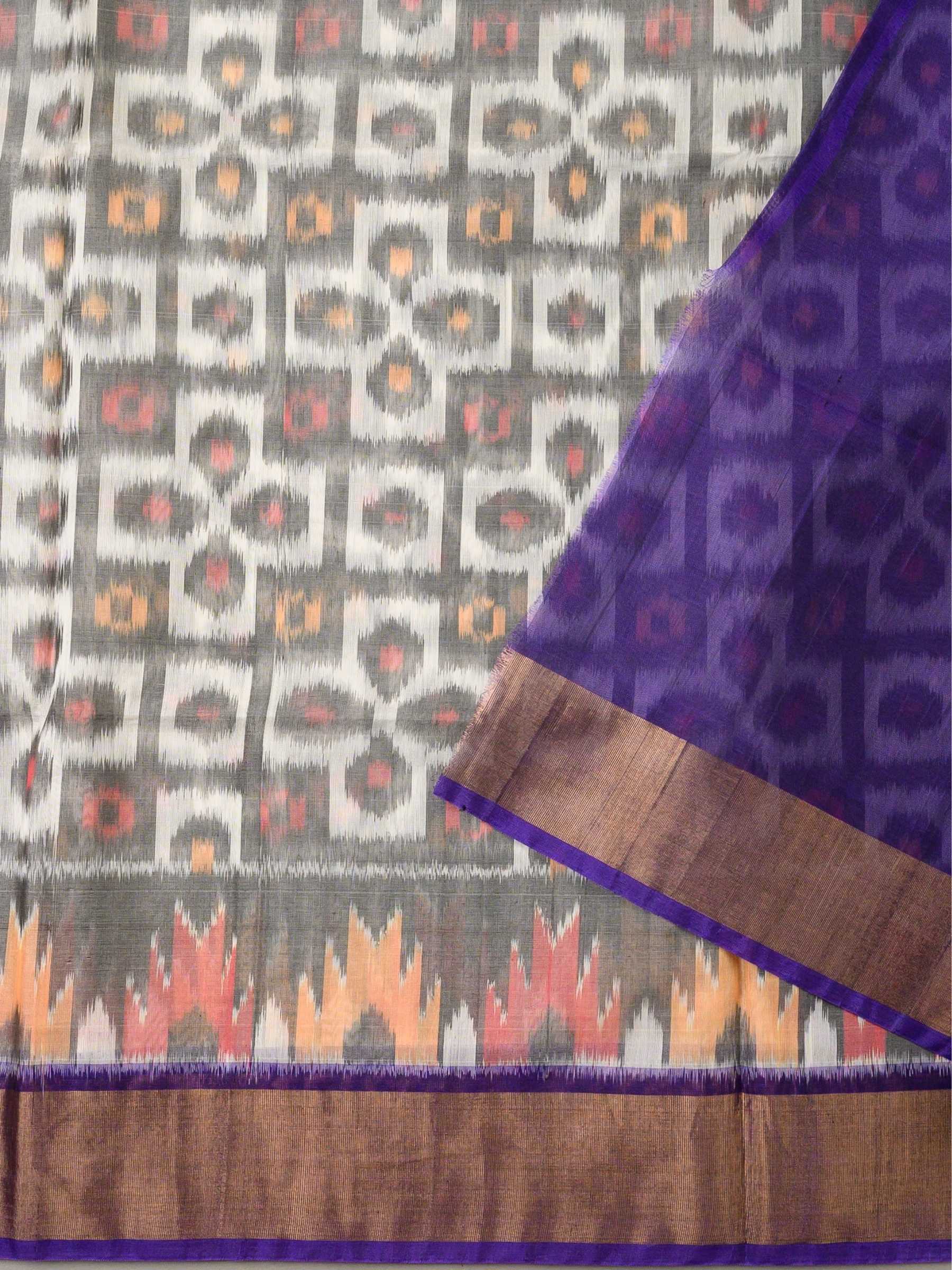 Handloom Pochampally Silk Cotton Saree in Grey and Purple with Ikat Design