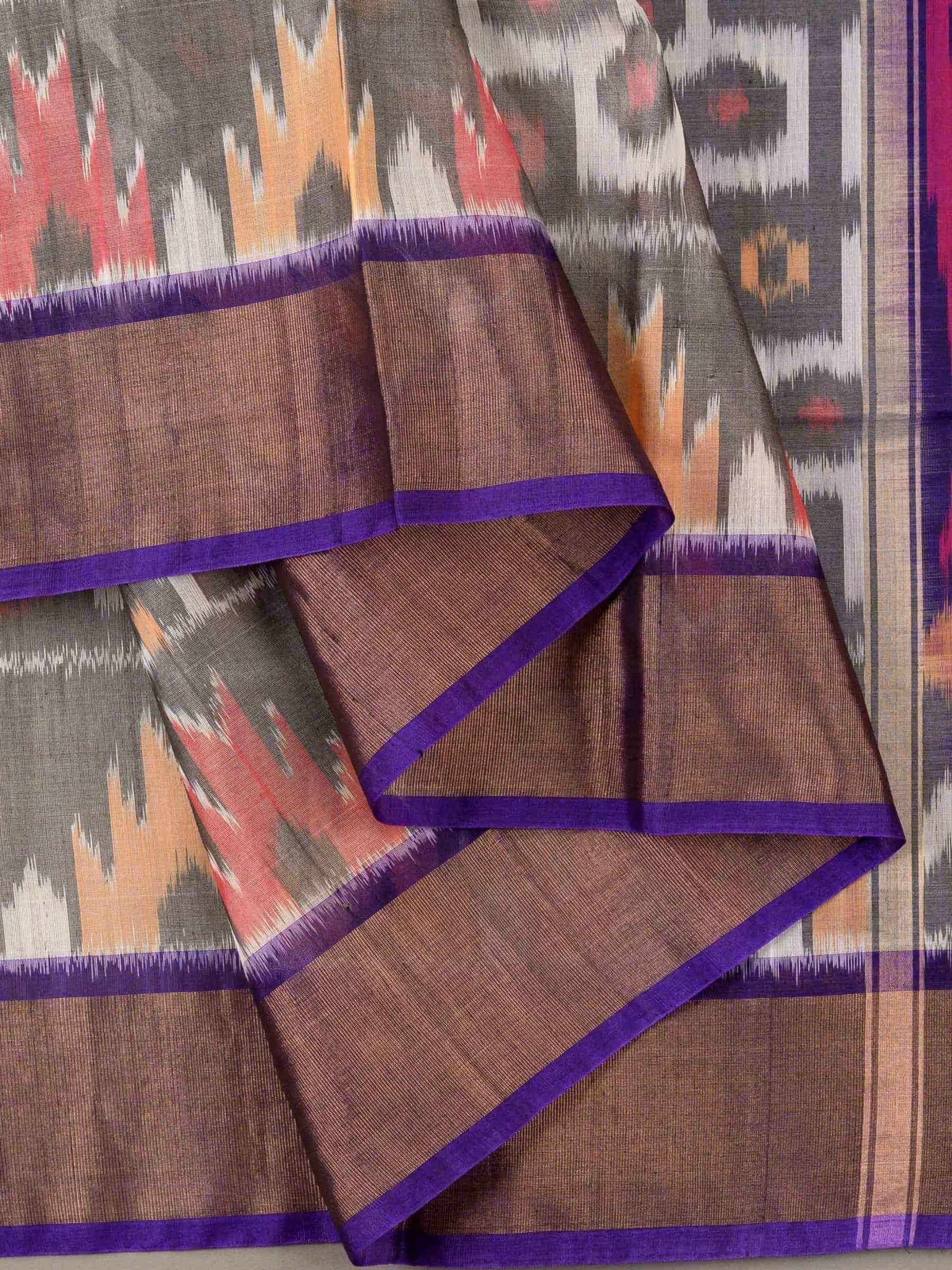 Handloom Pochampally Silk Cotton Saree in Grey and Purple with Ikat Design