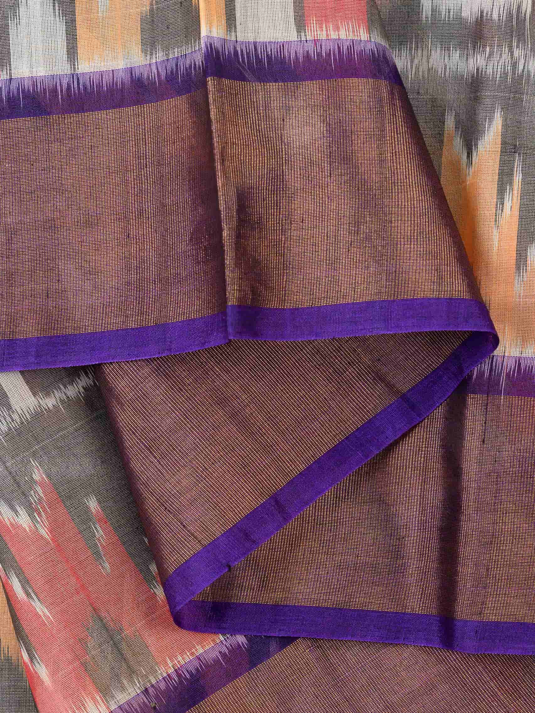 Handloom Pochampally Silk Cotton Saree in Grey and Purple with Ikat Design