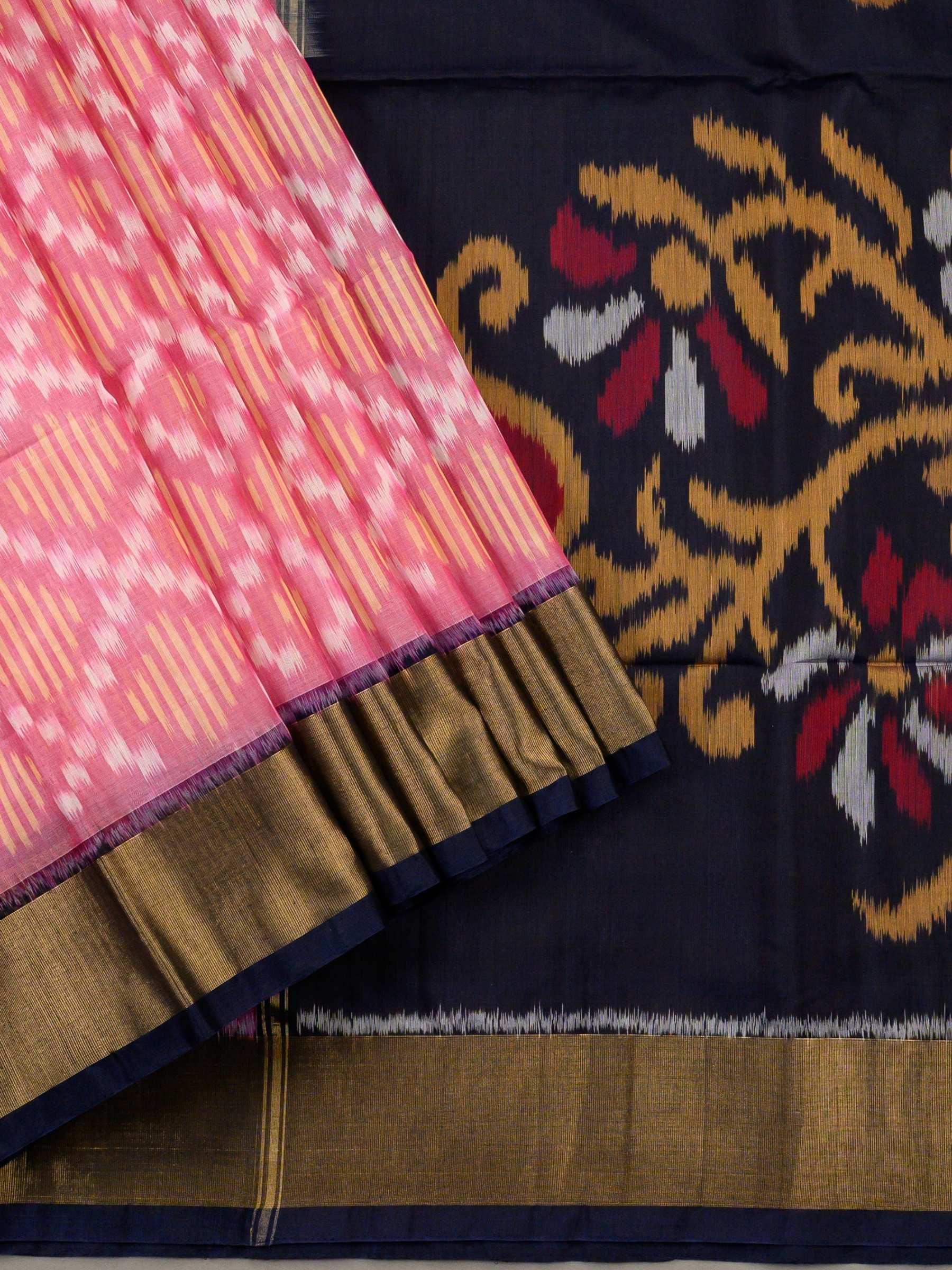 Handloom Pochampally Silk Cotton Saree in Pink and Blue with Diamond Ikat Design