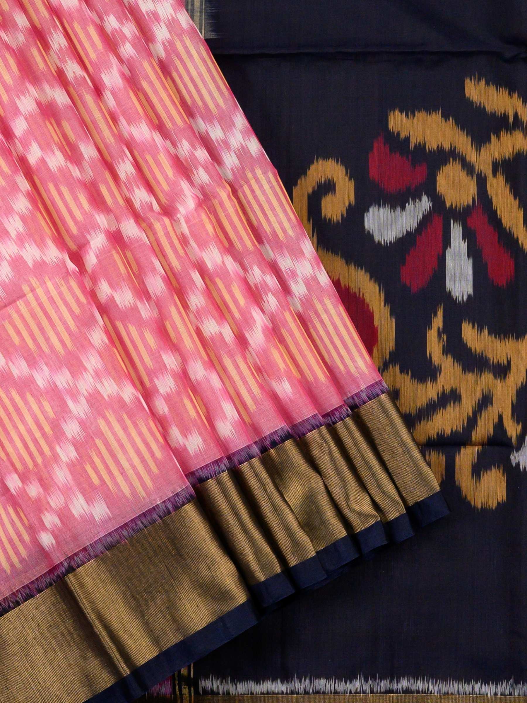 Handloom Pochampally Silk Cotton Saree in Pink and Blue with Diamond Ikat Design