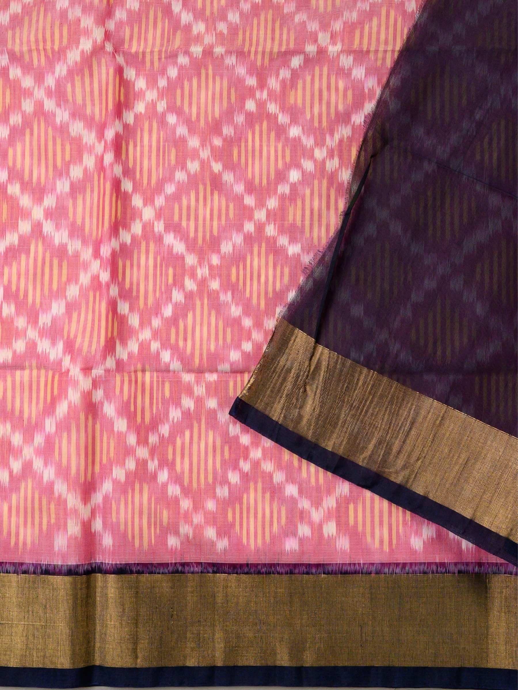Handloom Pochampally Silk Cotton Saree in Pink and Blue with Diamond Ikat Design