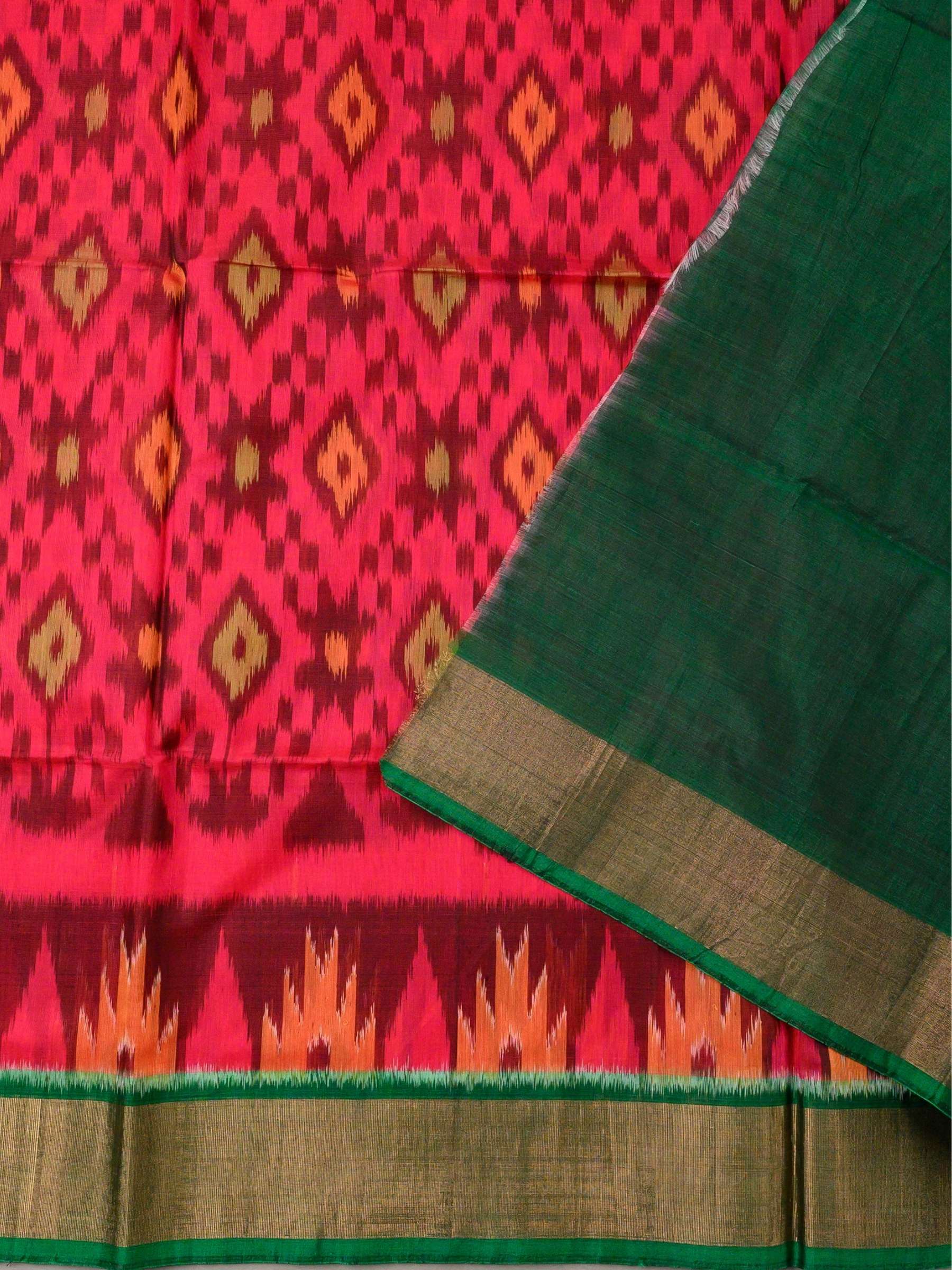 Handloom Pochampally Silk Cotton Saree in Red and Green with Geometric Ikat Design