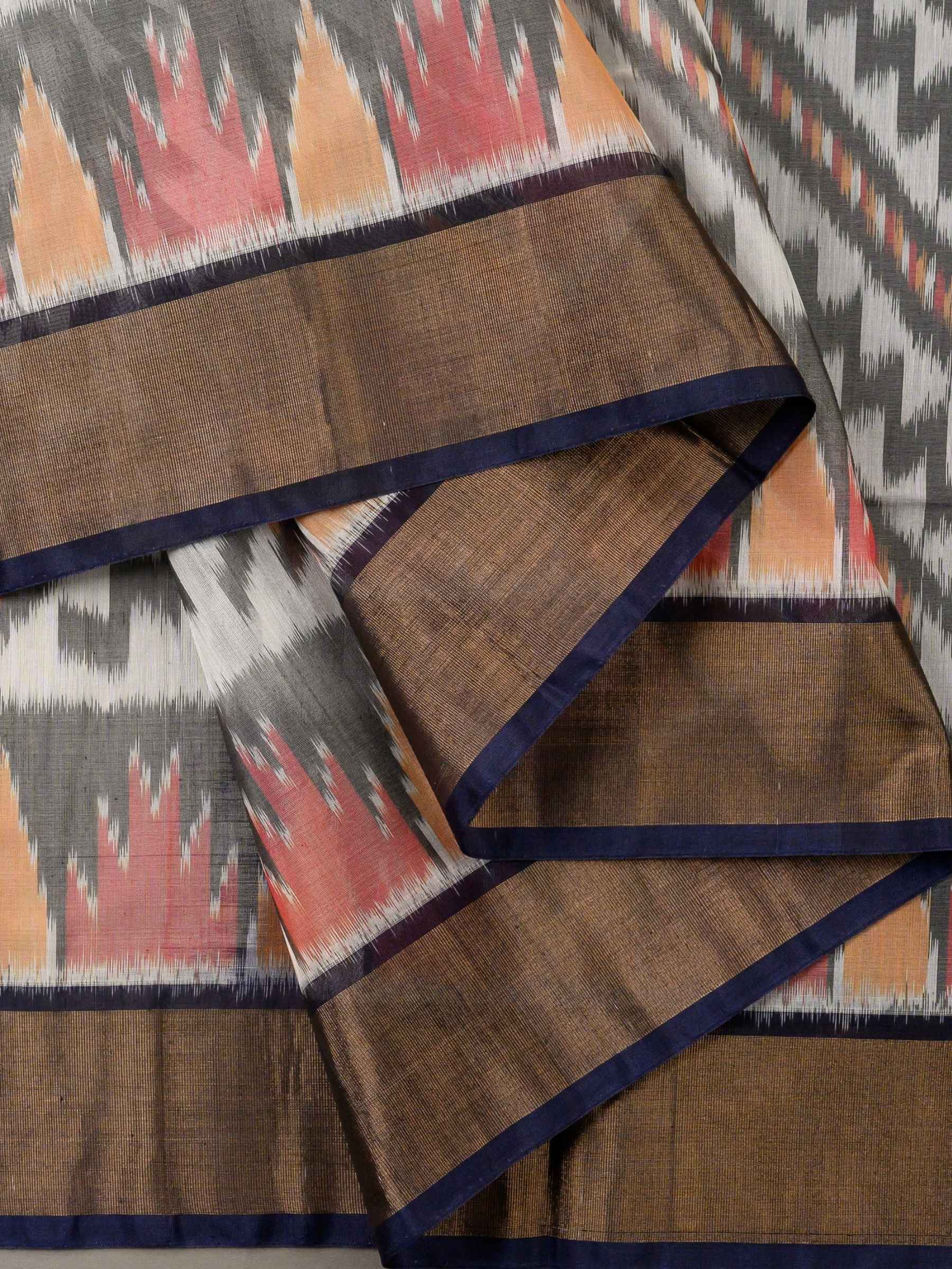 Handloom Pochampally Silk Cotton Saree in White and Blue with Zigzag Ikat Design