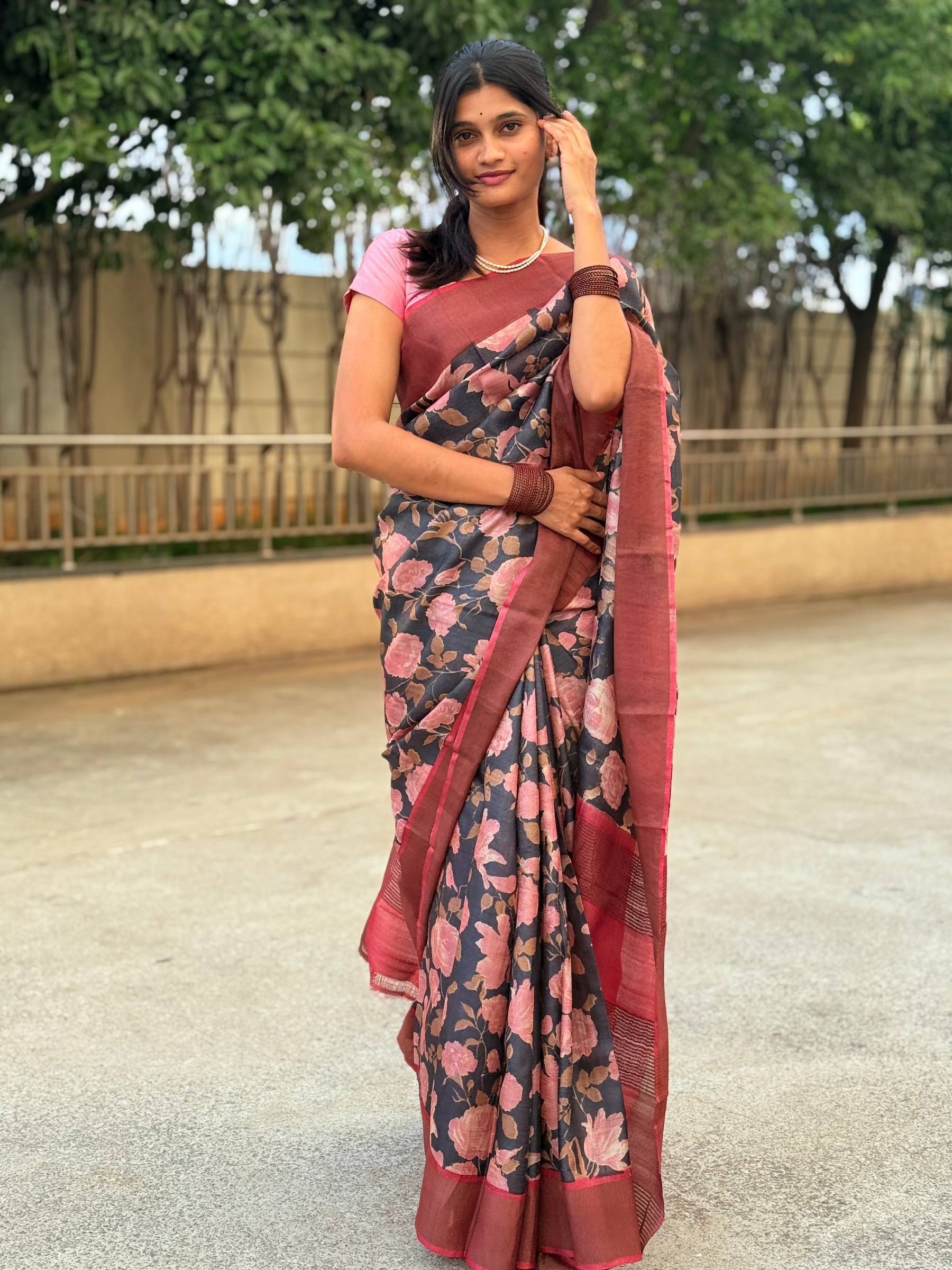 Handloom Tussar Silk Saree in Black with Pink Floral Prints