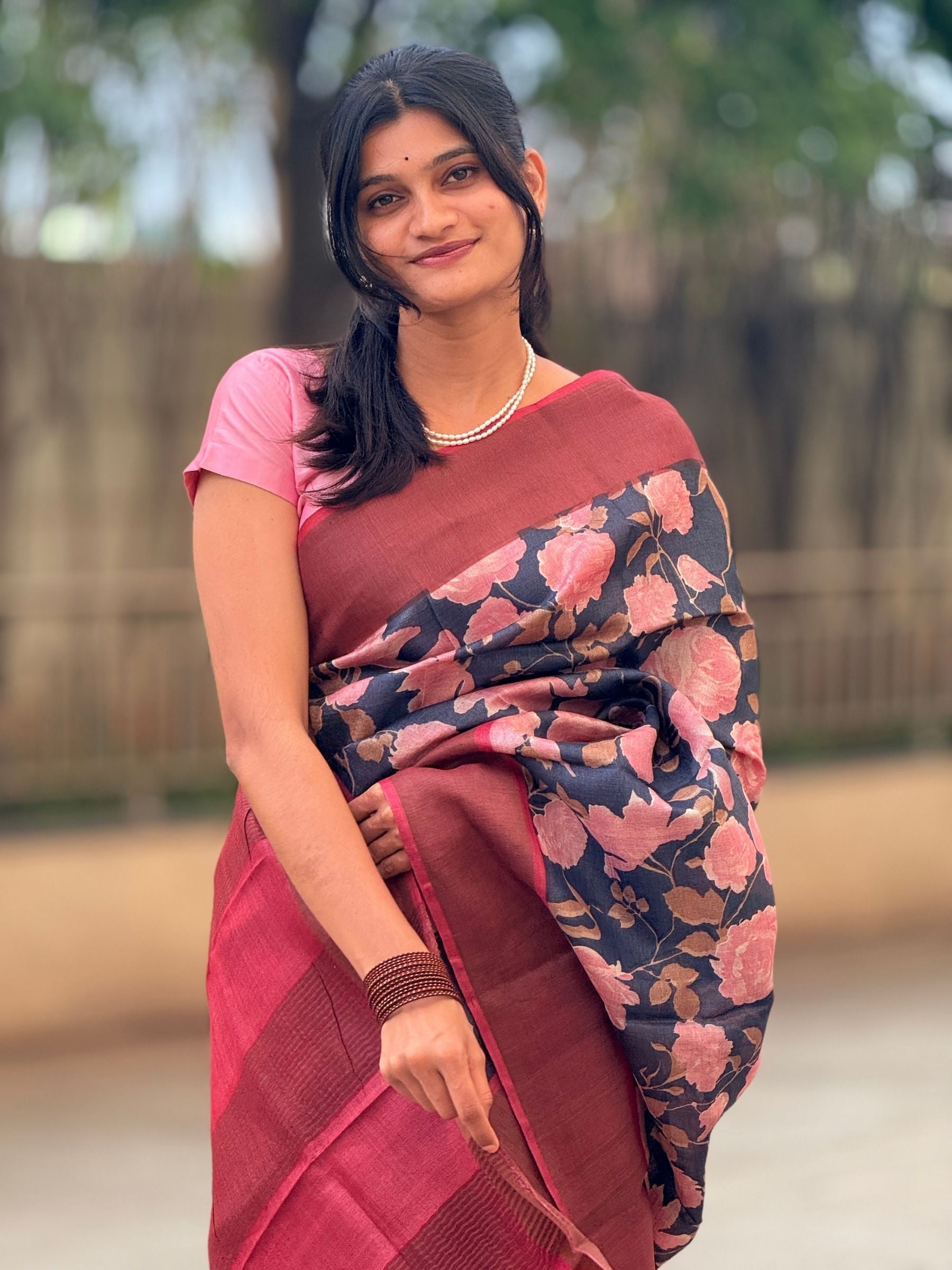 Handloom Pure Tussar Silk Saree in Black with Pink Floral Prints