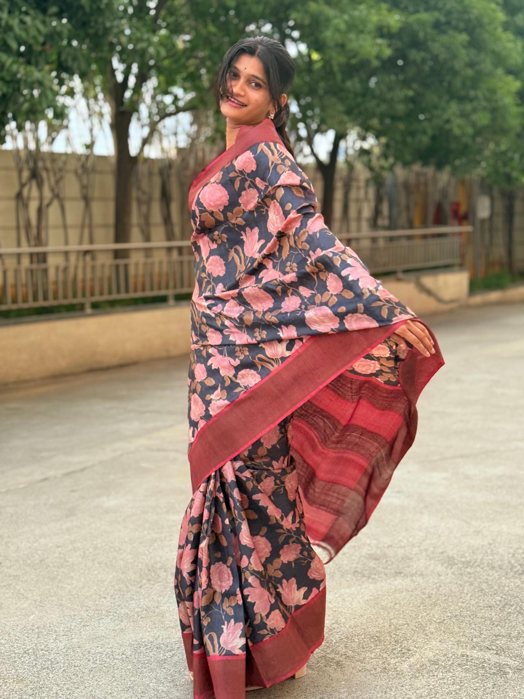 Handloom Pure Tussar Silk Saree in Black with Pink Floral Prints