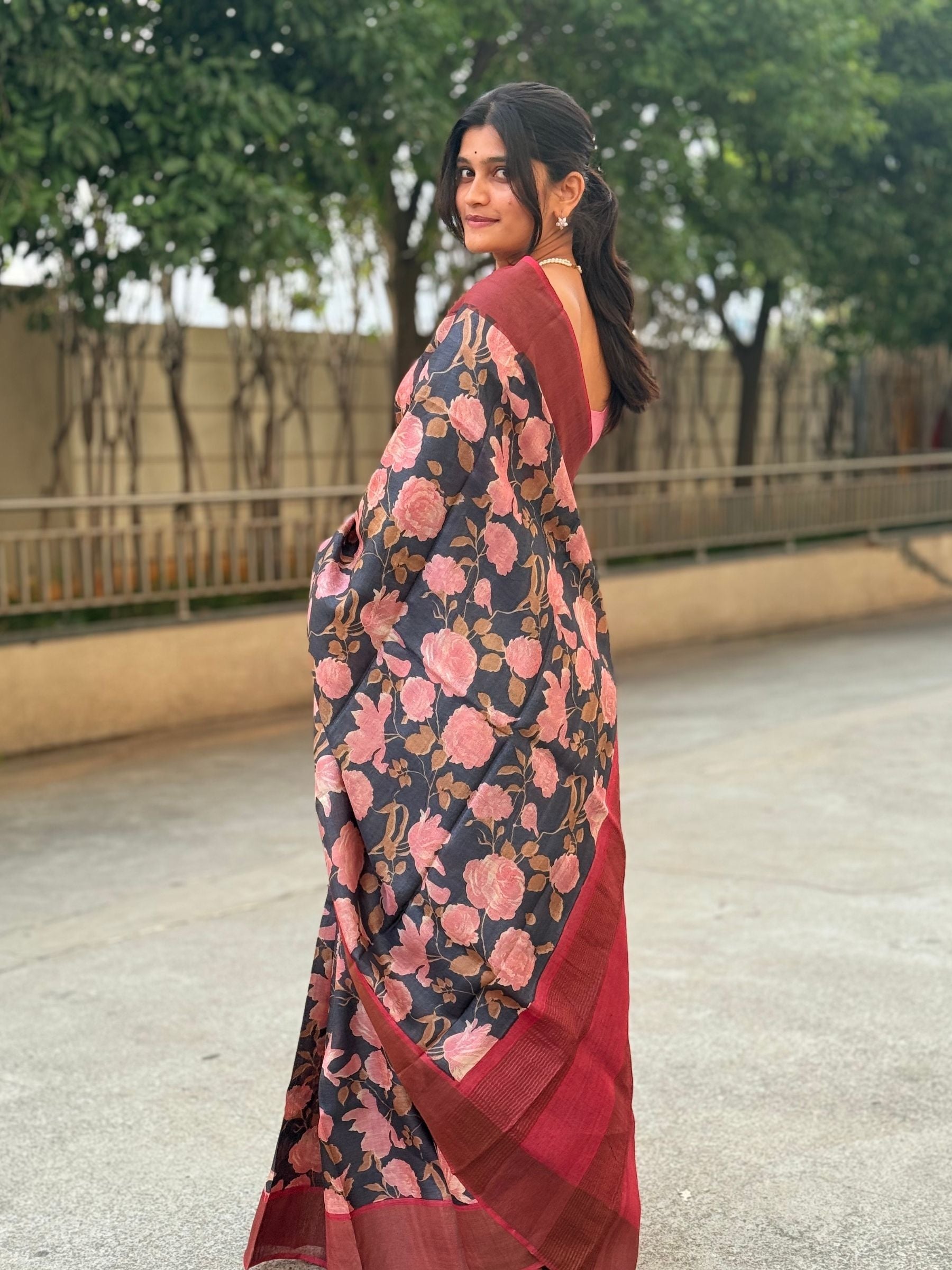 Handloom Pure Tussar Silk Saree in Black with Pink Floral Prints