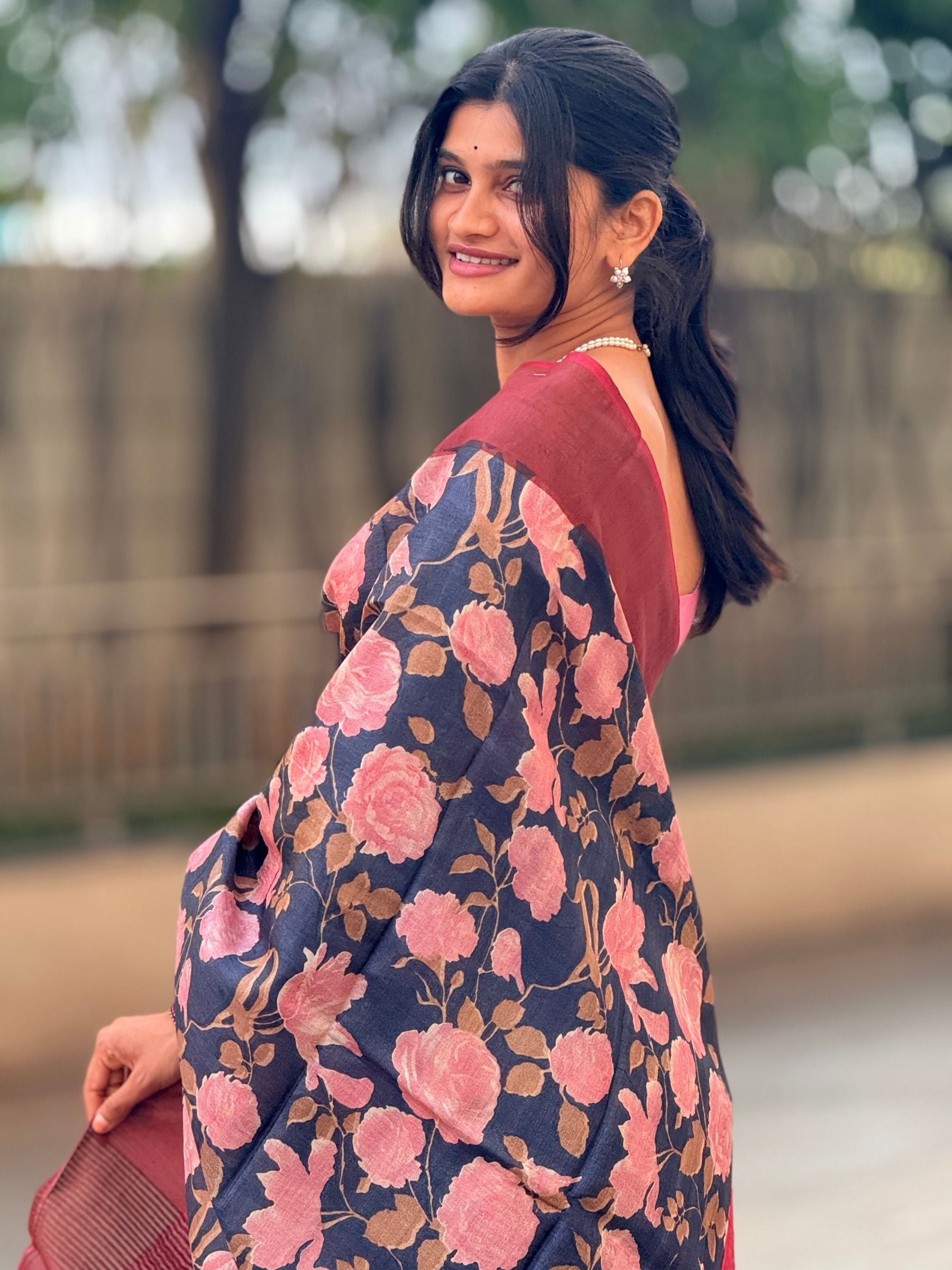 Handloom Pure Tussar Silk Saree in Black with Pink Floral Prints
