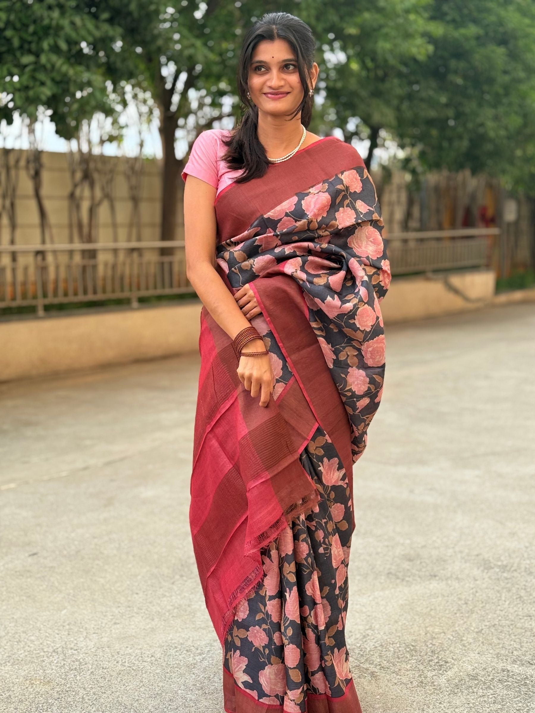 Handloom Pure Tussar Silk Saree in Black with Pink Floral Prints