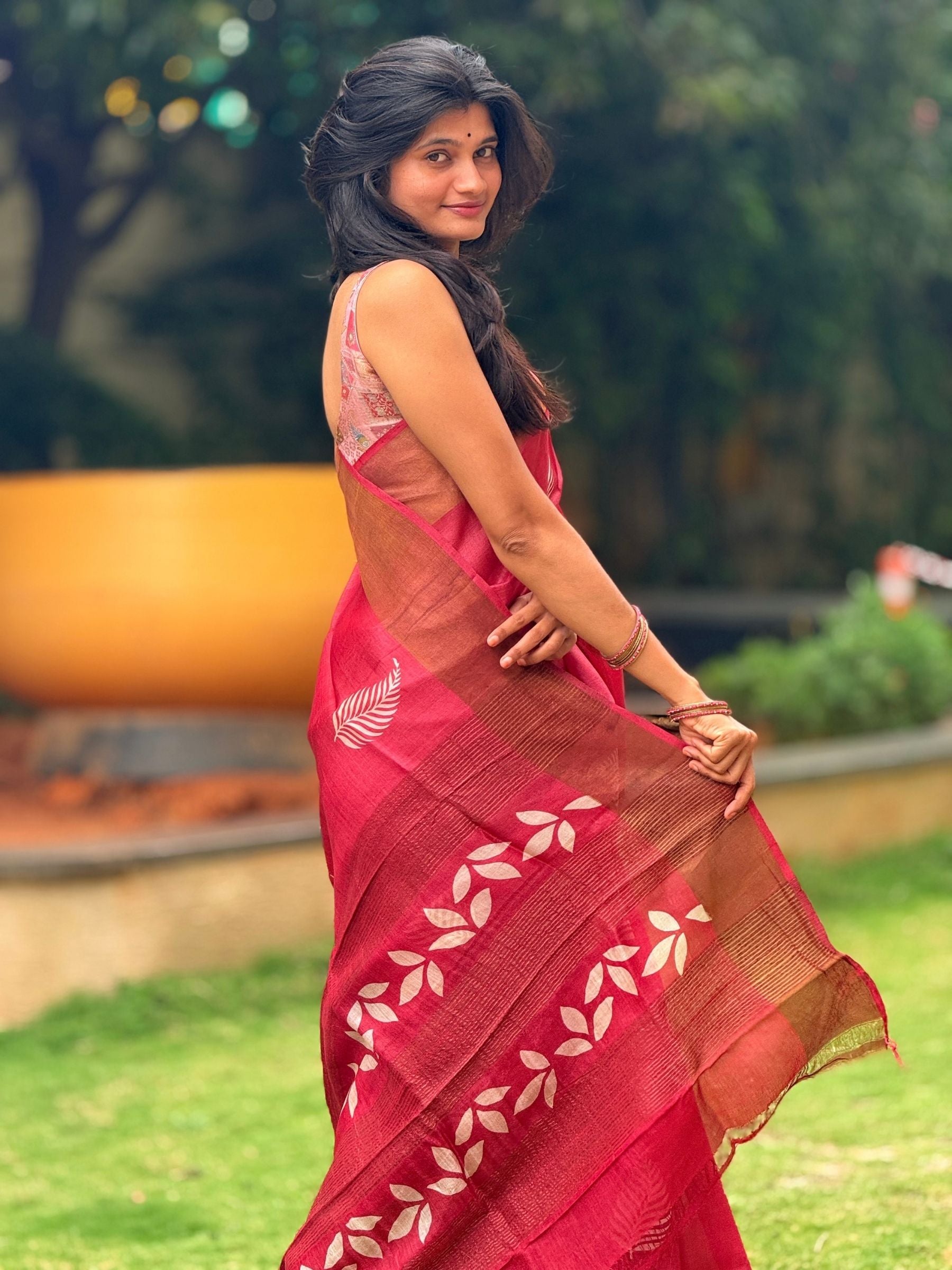 Handloom Pure Tussar Silk Block Printed Saree in Dark Pink