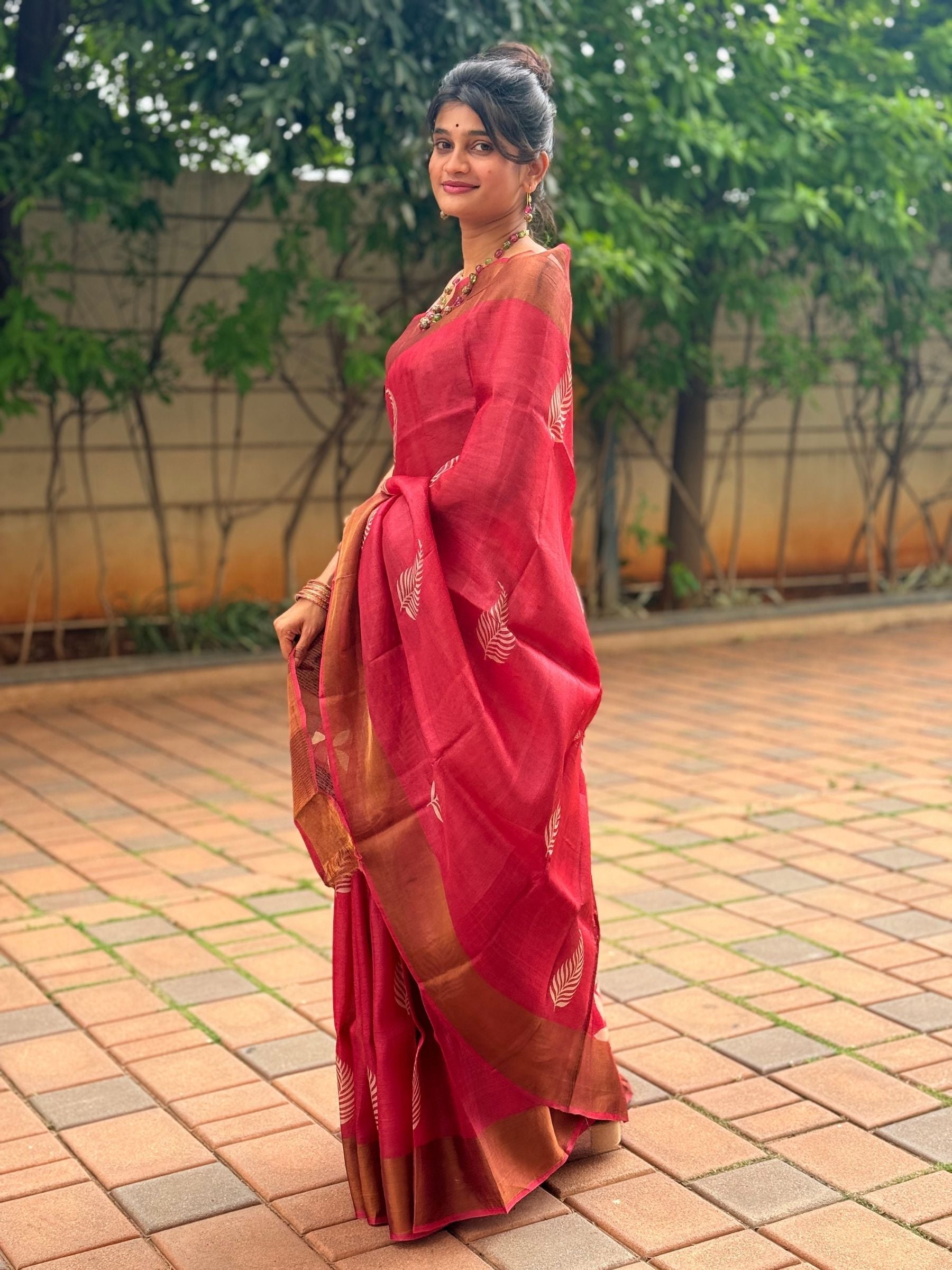 Handloom Pure Tussar Silk Block Printed Saree in Dark Pink