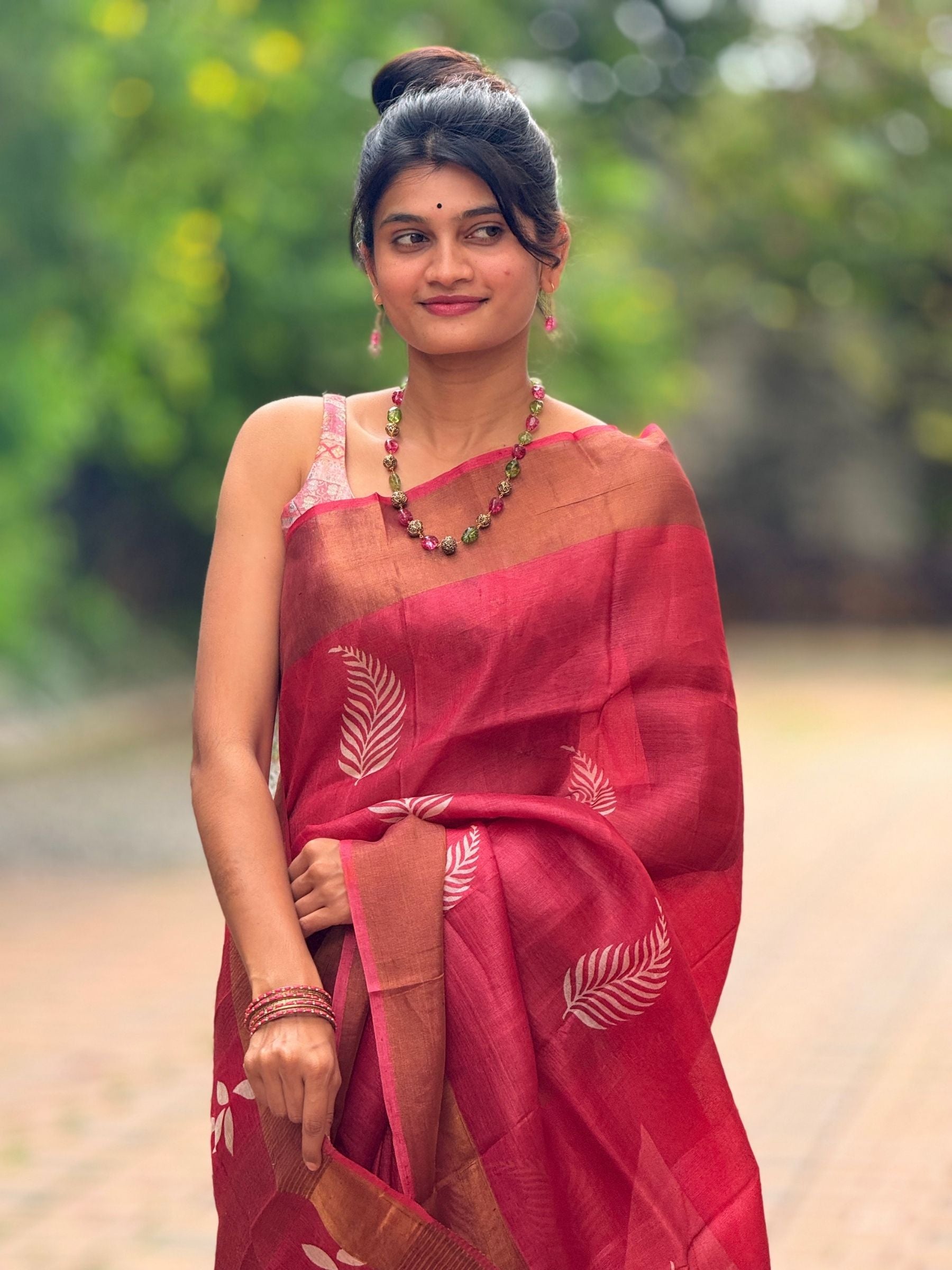 Handloom Pure Tussar Silk Block Printed Saree in Dark Pink