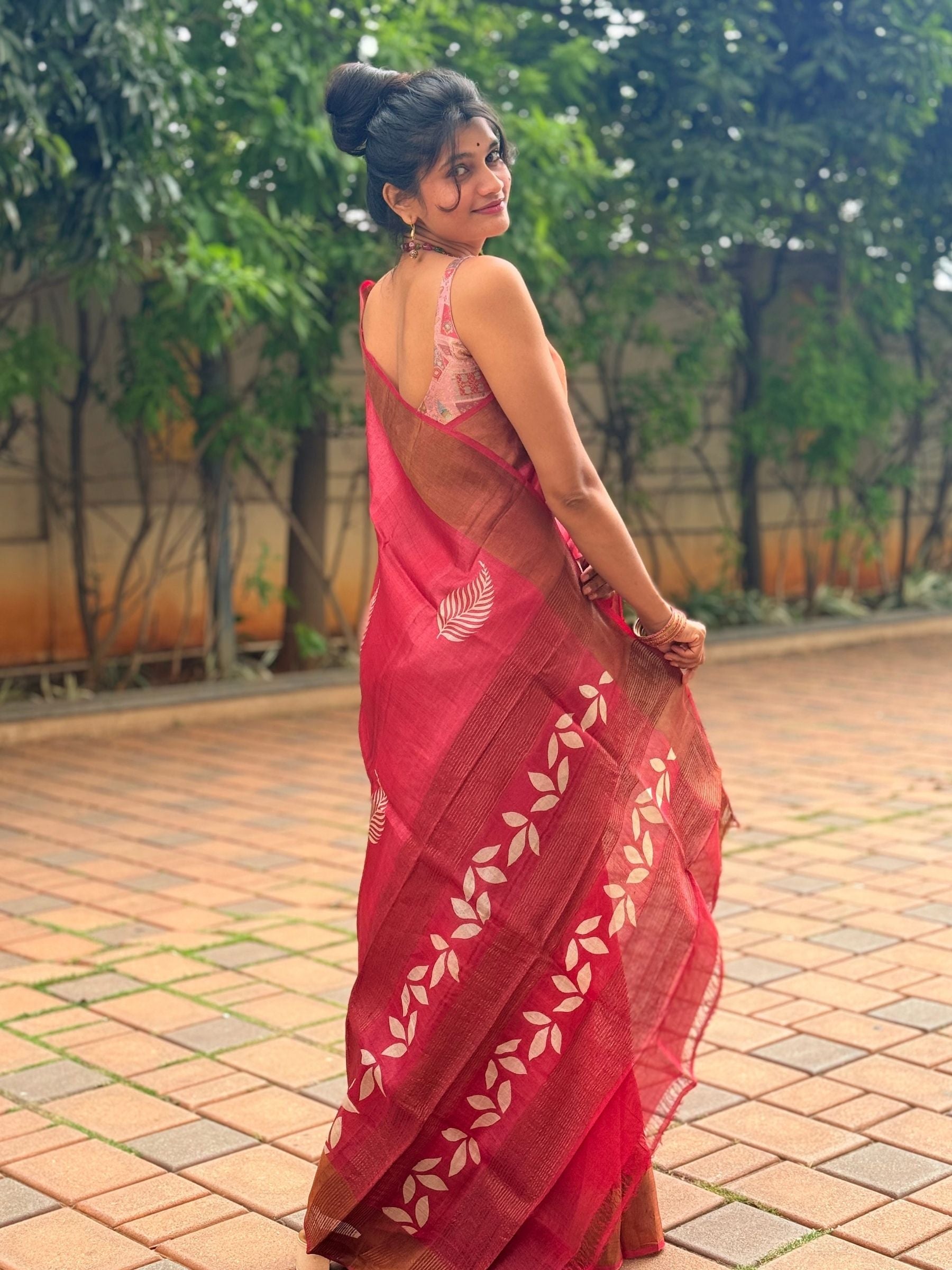 Handloom Pure Tussar Silk Block Printed Saree in Dark Pink