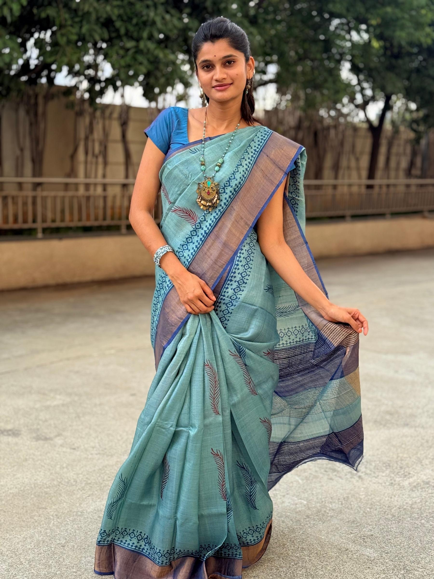Aqua green handloom tussar silk saree with block print motifs
