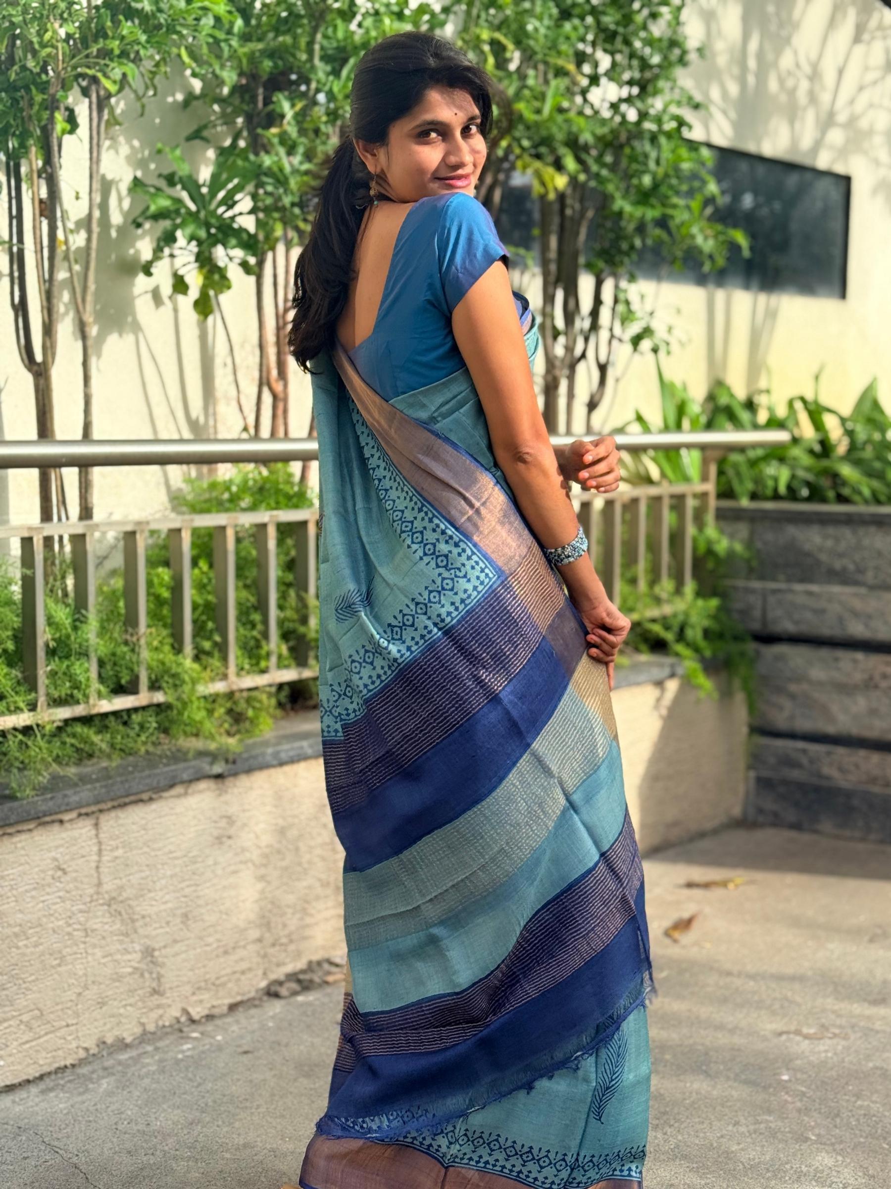 Handloom Pure Tussar Silk Saree in Aqua Green with Block Prints