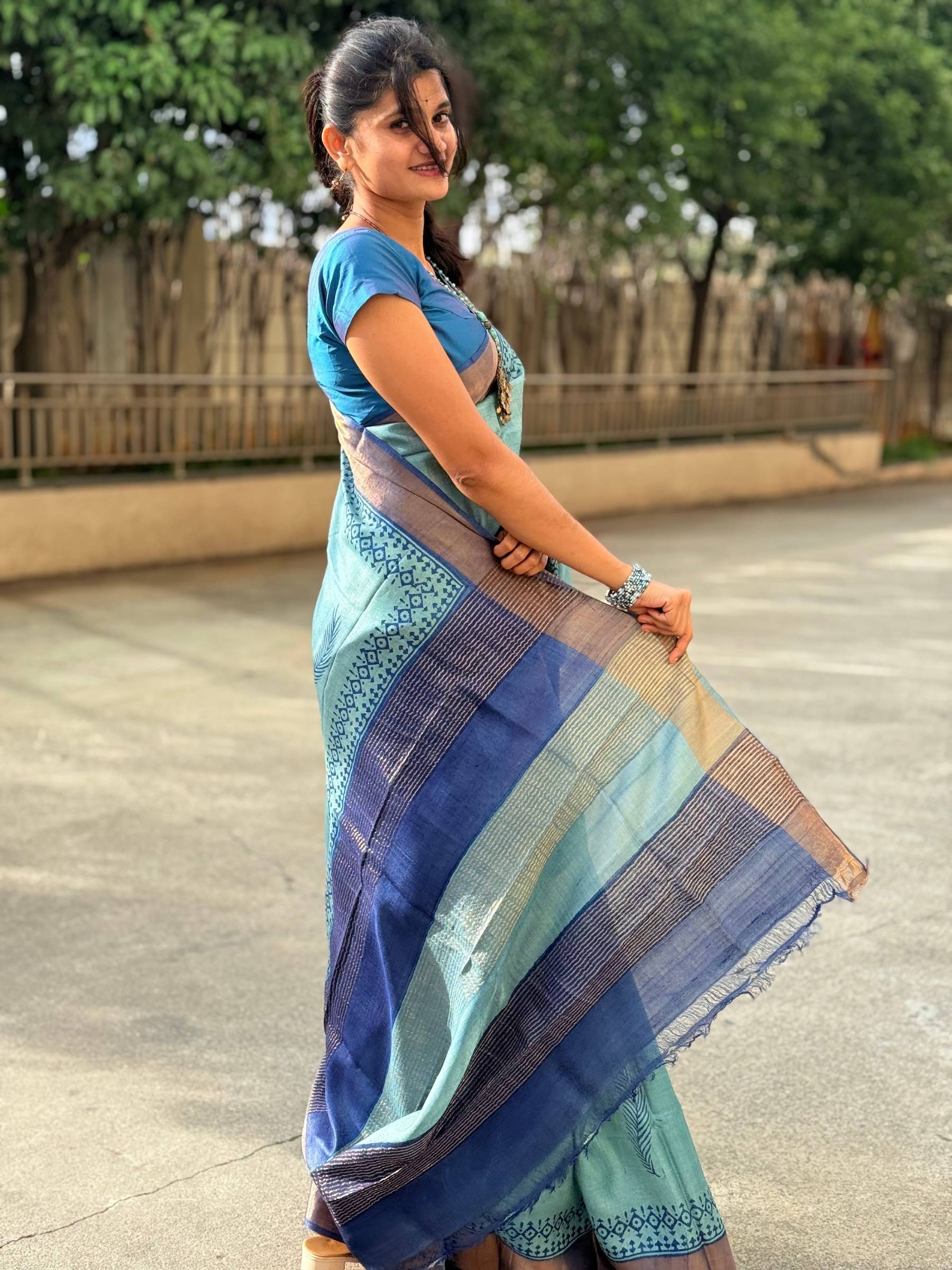 Handloom Pure Tussar Silk Saree in Aqua Green with Block Prints