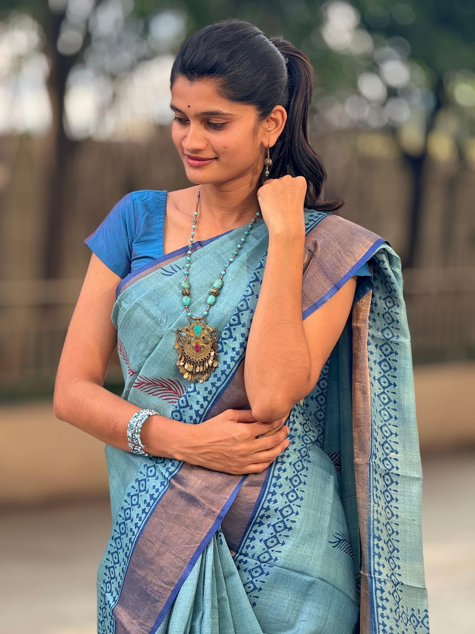 Handloom Pure Tussar Silk Saree in Aqua Green with Block Prints