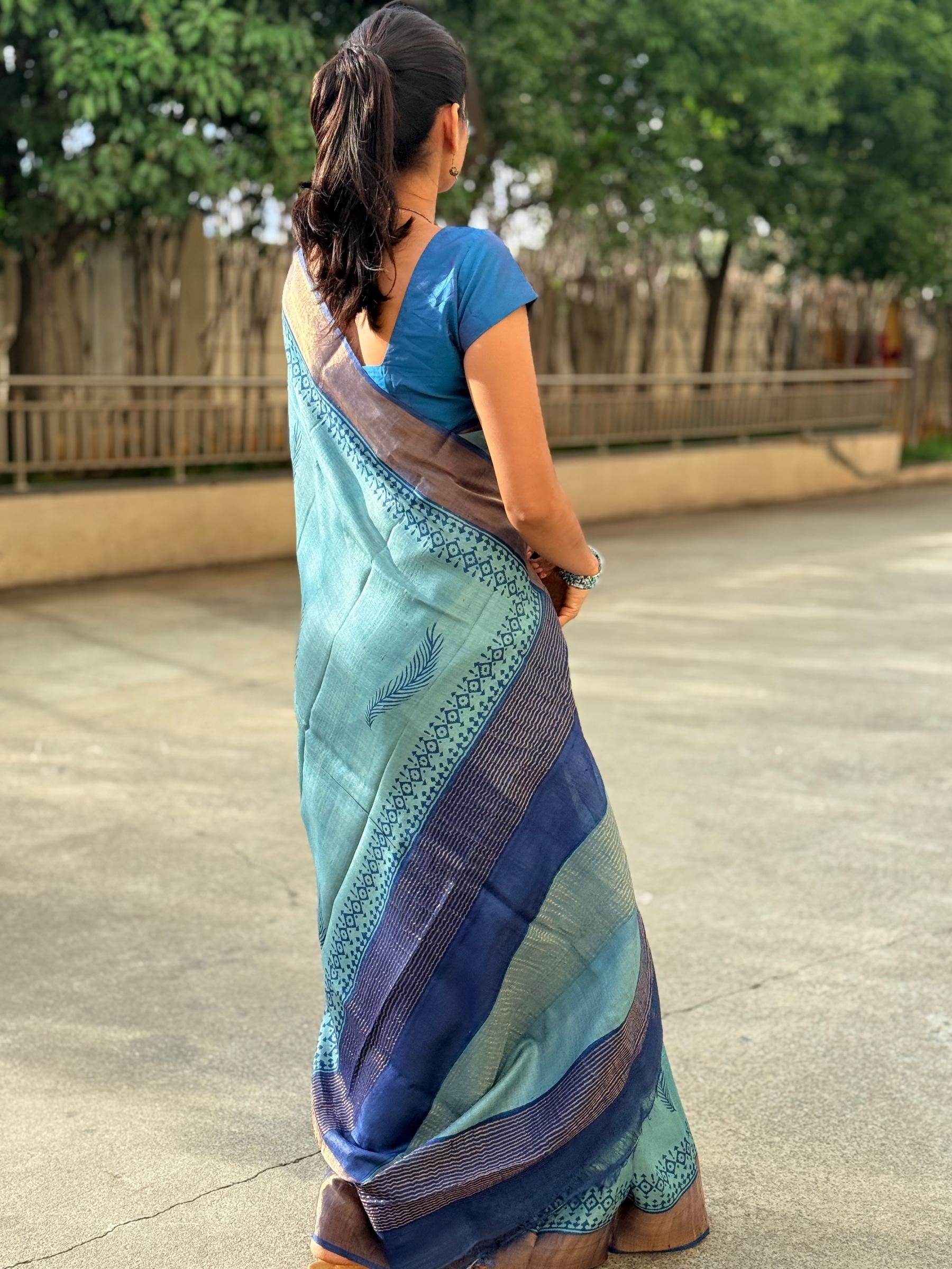 Handloom Pure Tussar Silk Saree in Aqua Green with Block Prints