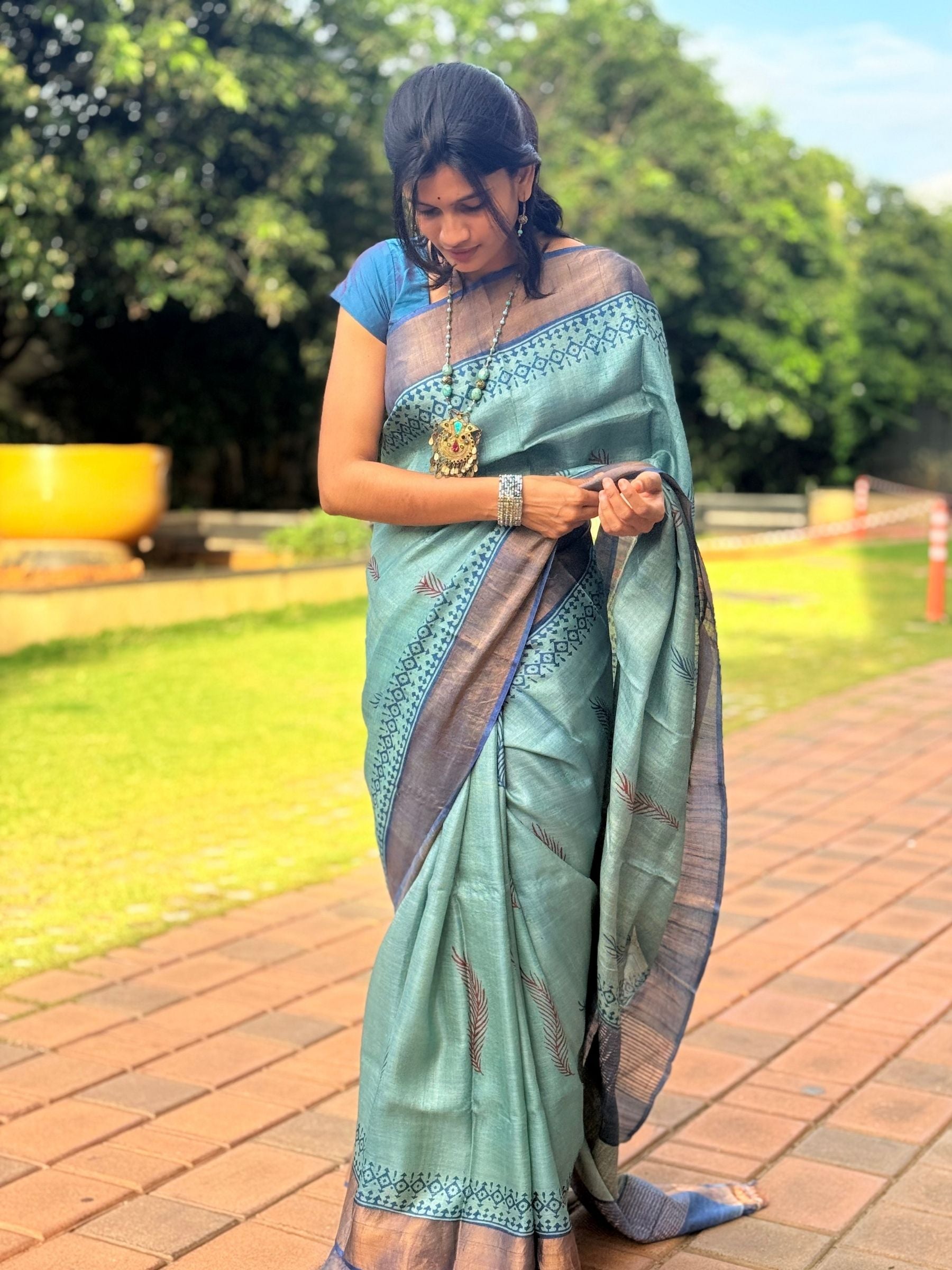 Handloom Pure Tussar Silk Saree in Aqua Green with Block Prints