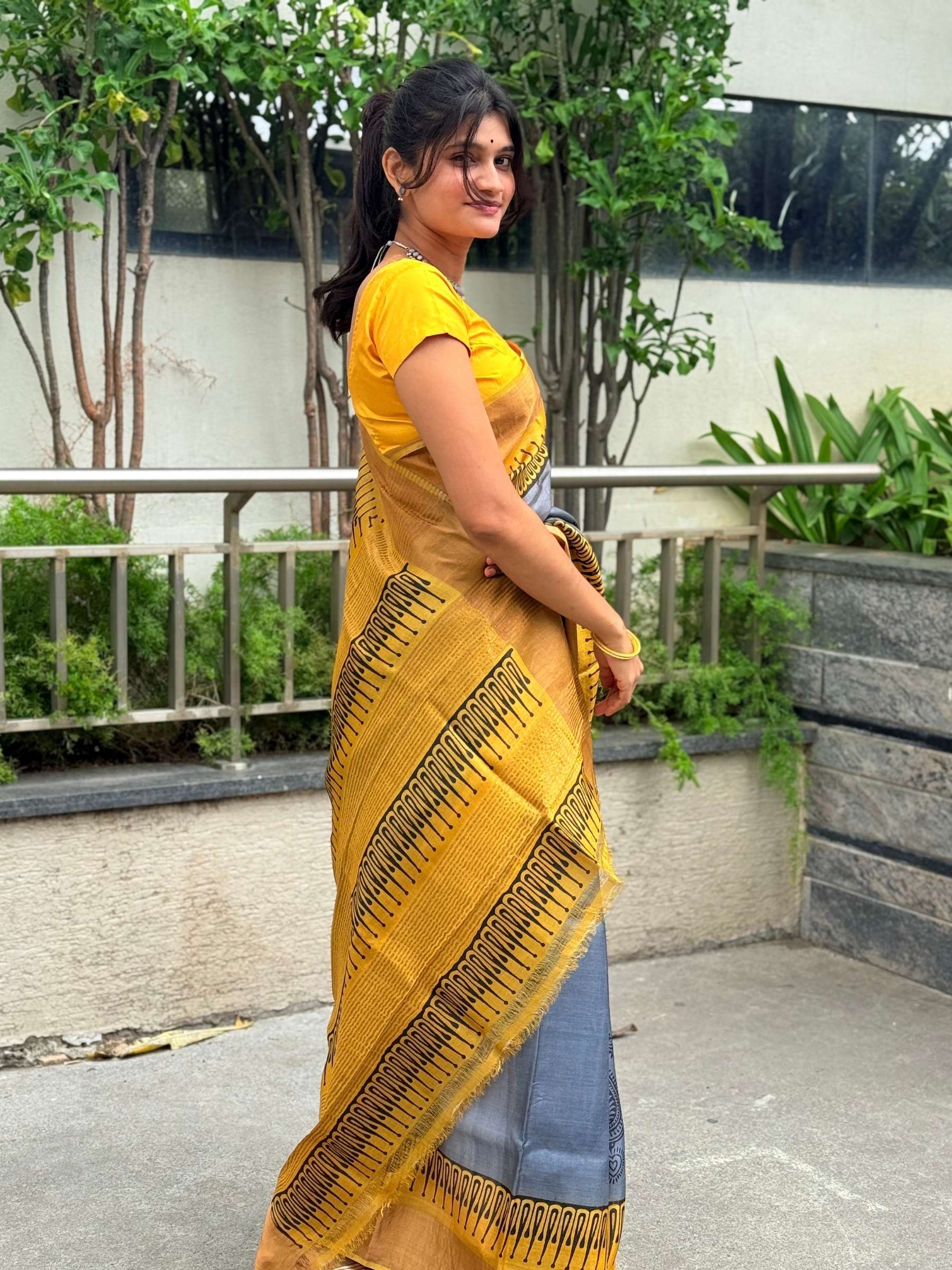 Handloom Pure Tussar Silk Block Printed Saree in Grey