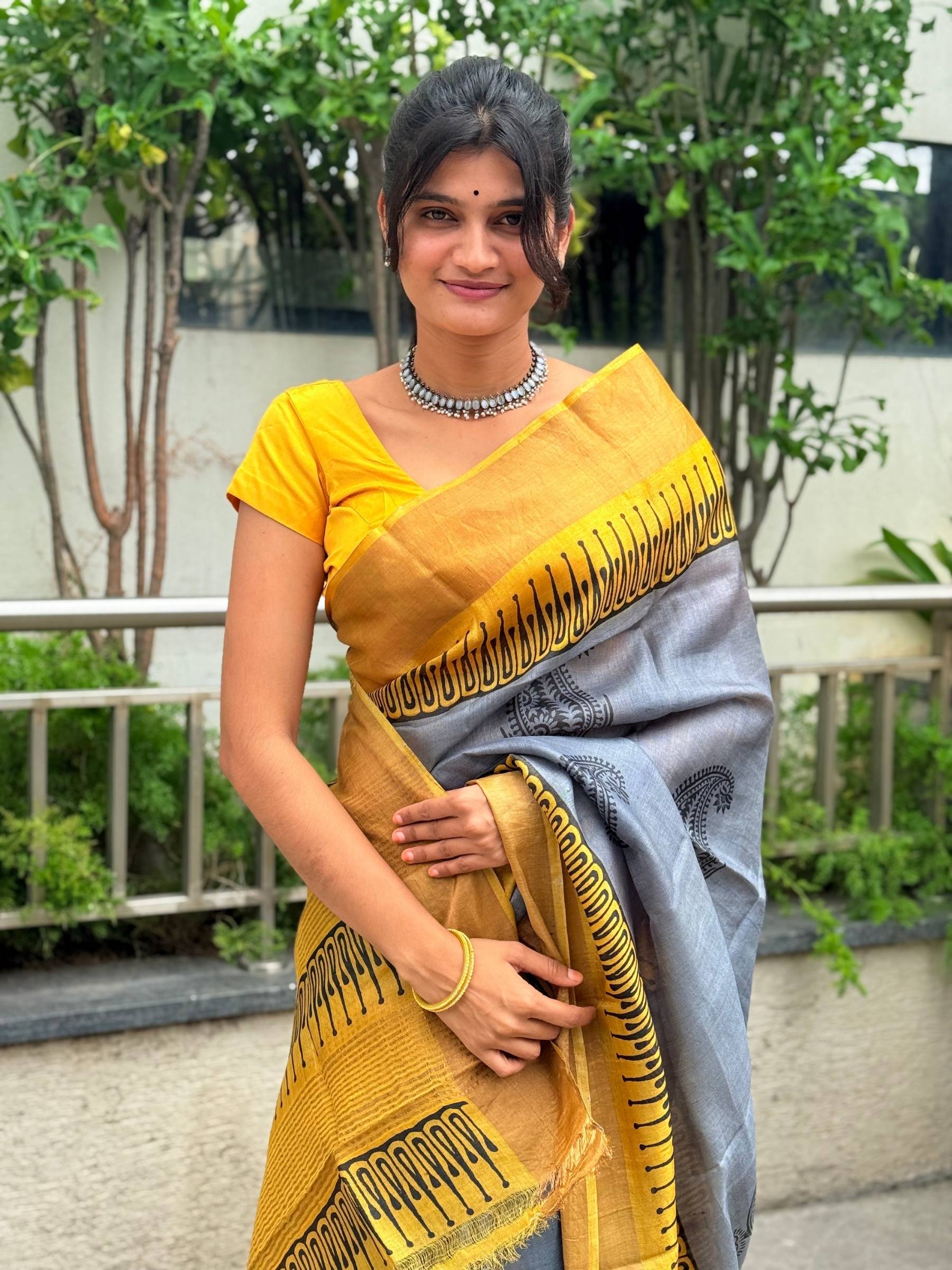 Handloom Pure Tussar Silk Block Printed Saree in Grey