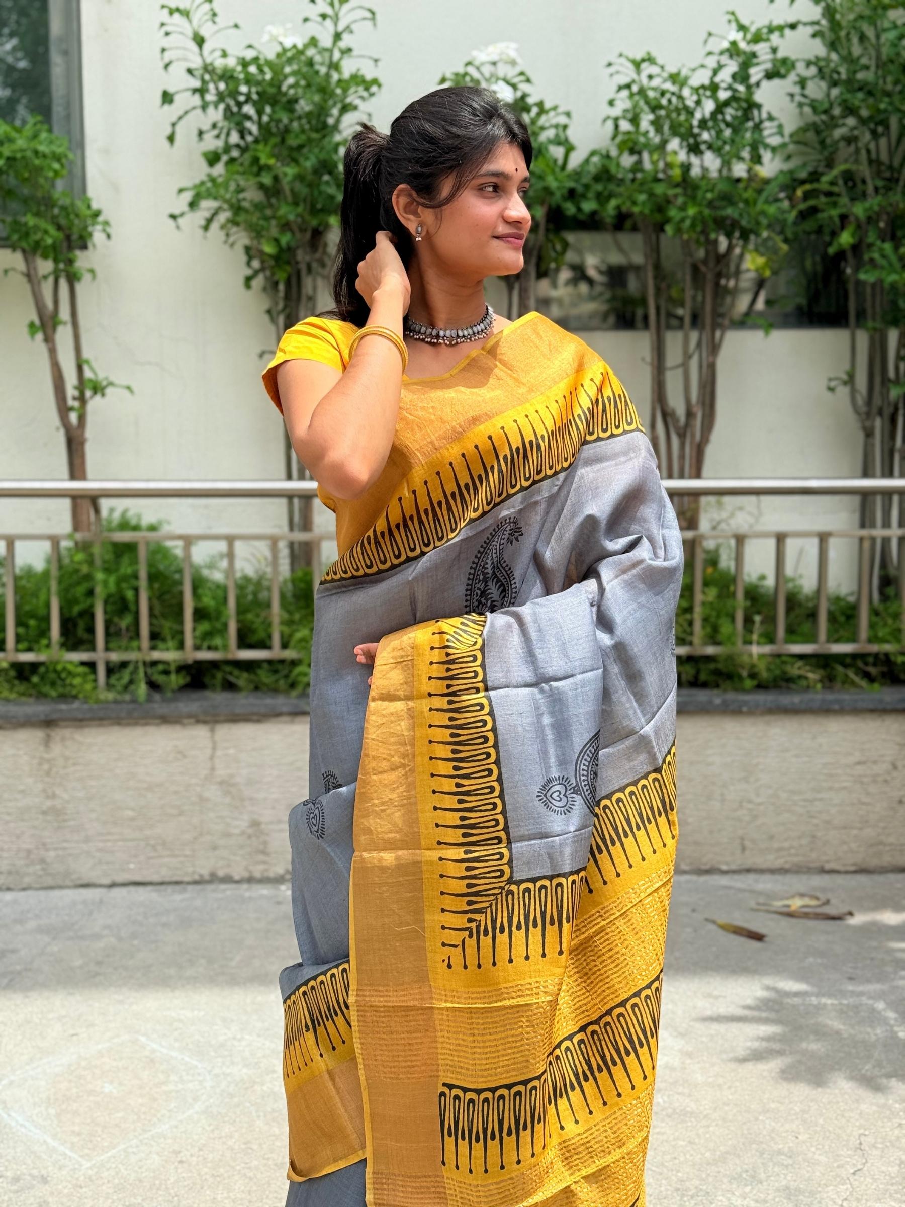 Handloom Pure Tussar Silk Block Printed Saree in Grey