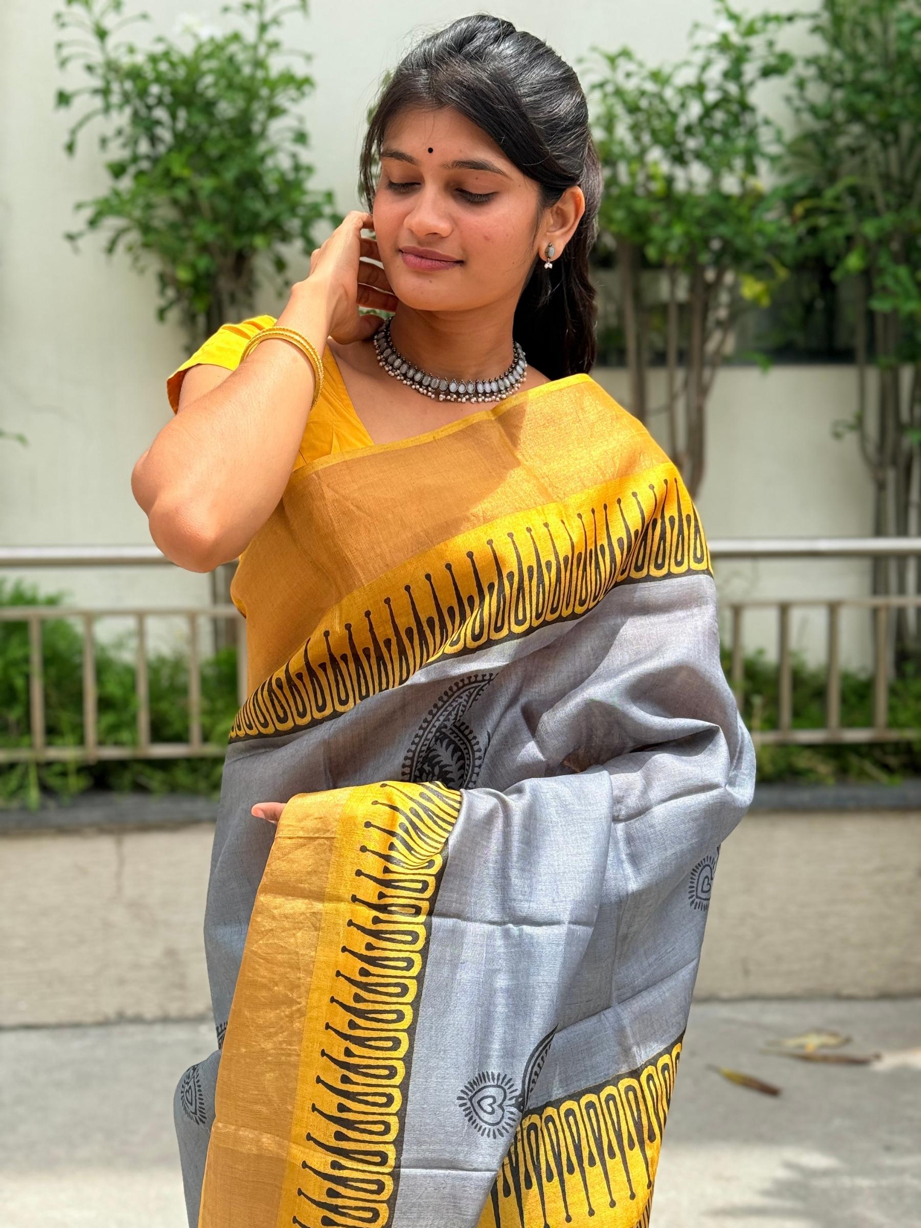 Handloom Pure Tussar Silk Block Printed Saree in Grey