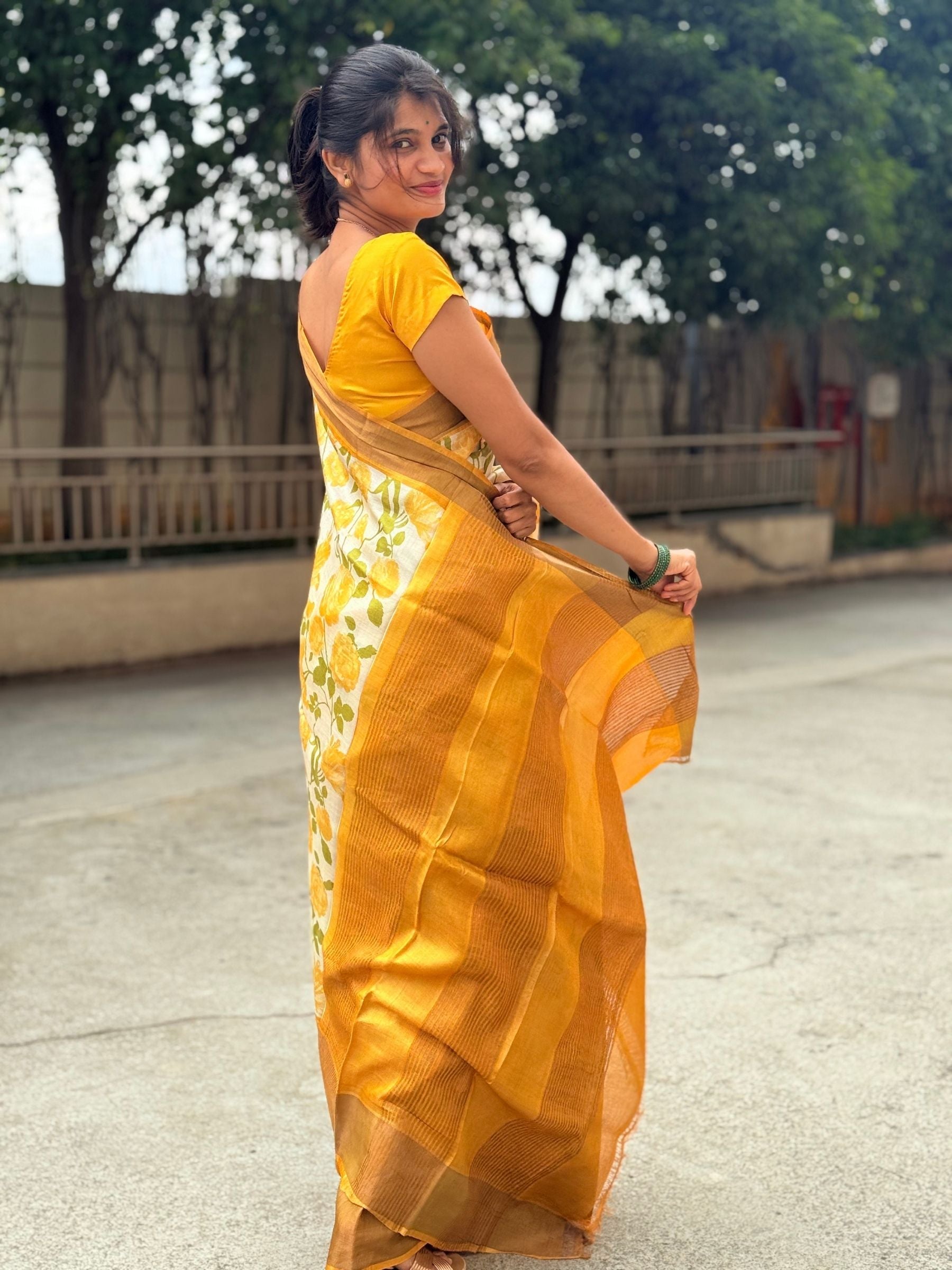 Handloom Pure Tussar Silk Saree in Yellow with Floral Prints