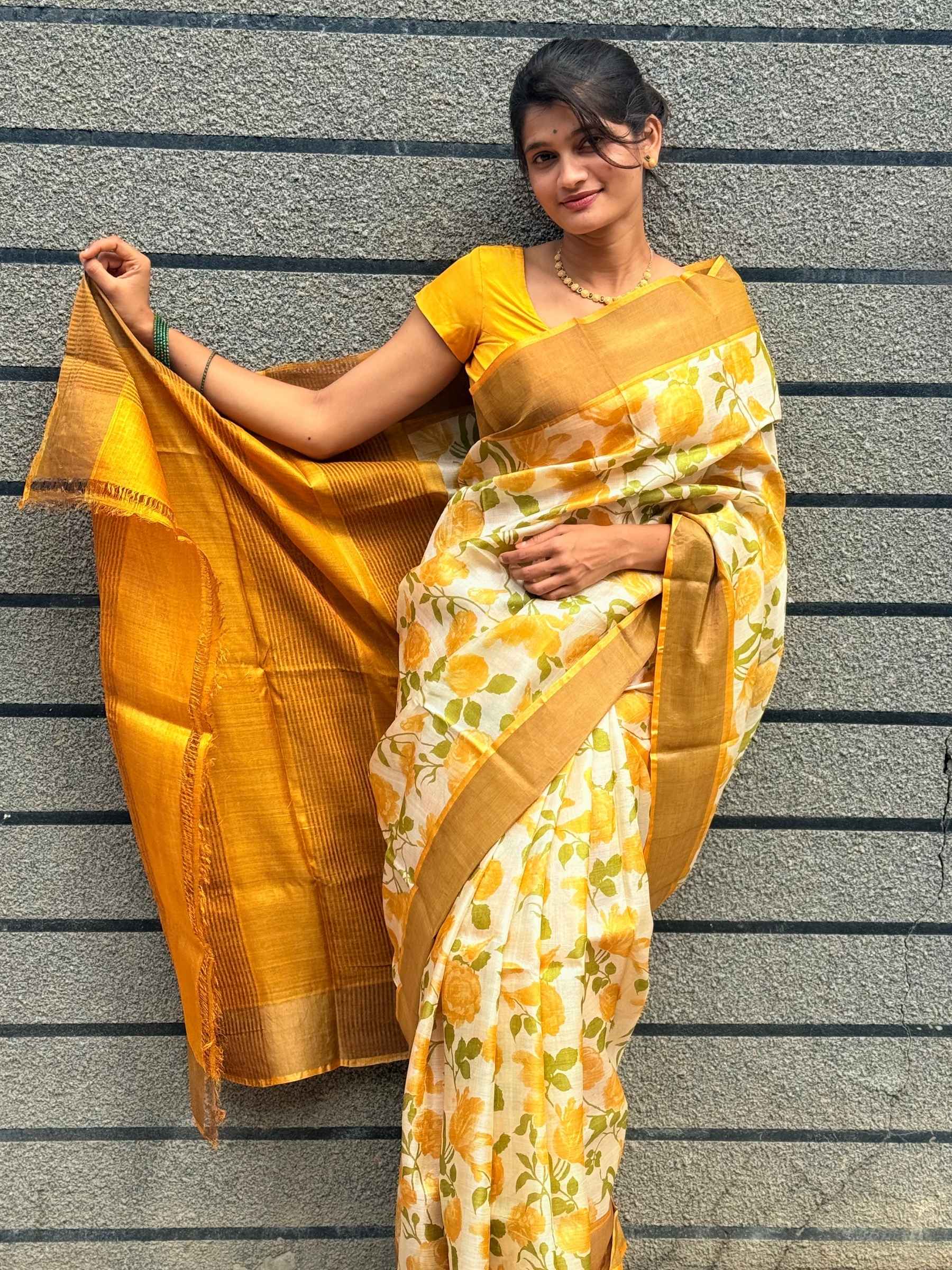 Handloom Pure Tussar Silk Saree in Yellow with Floral Prints