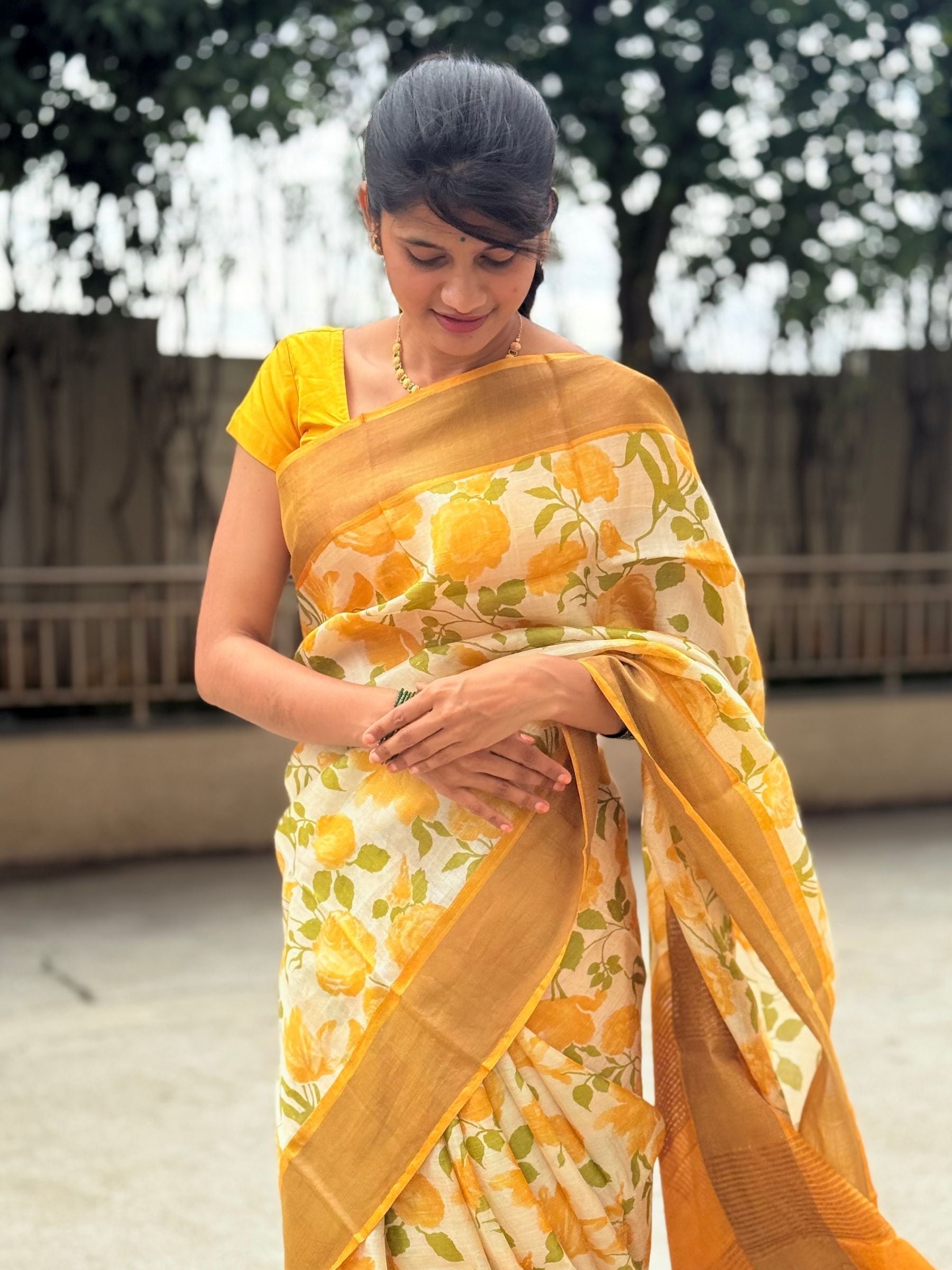 Handloom Pure Tussar Silk Saree in Yellow with Floral Prints