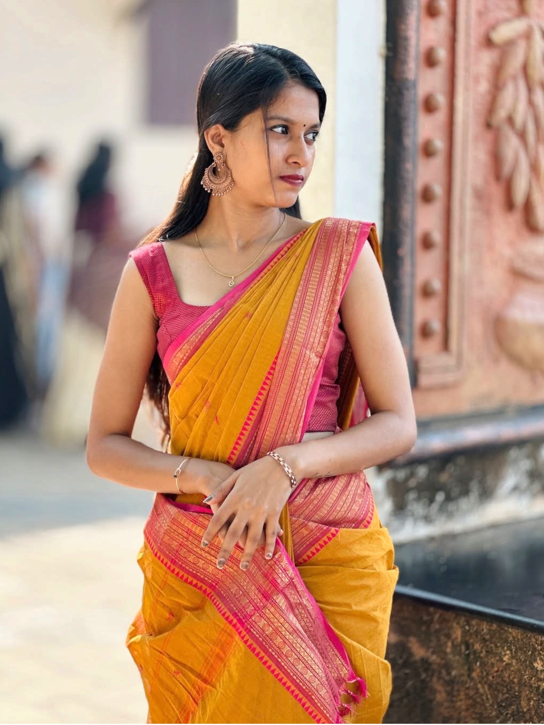 Kanchi Cotton Saree in Mustard with Pink Border
