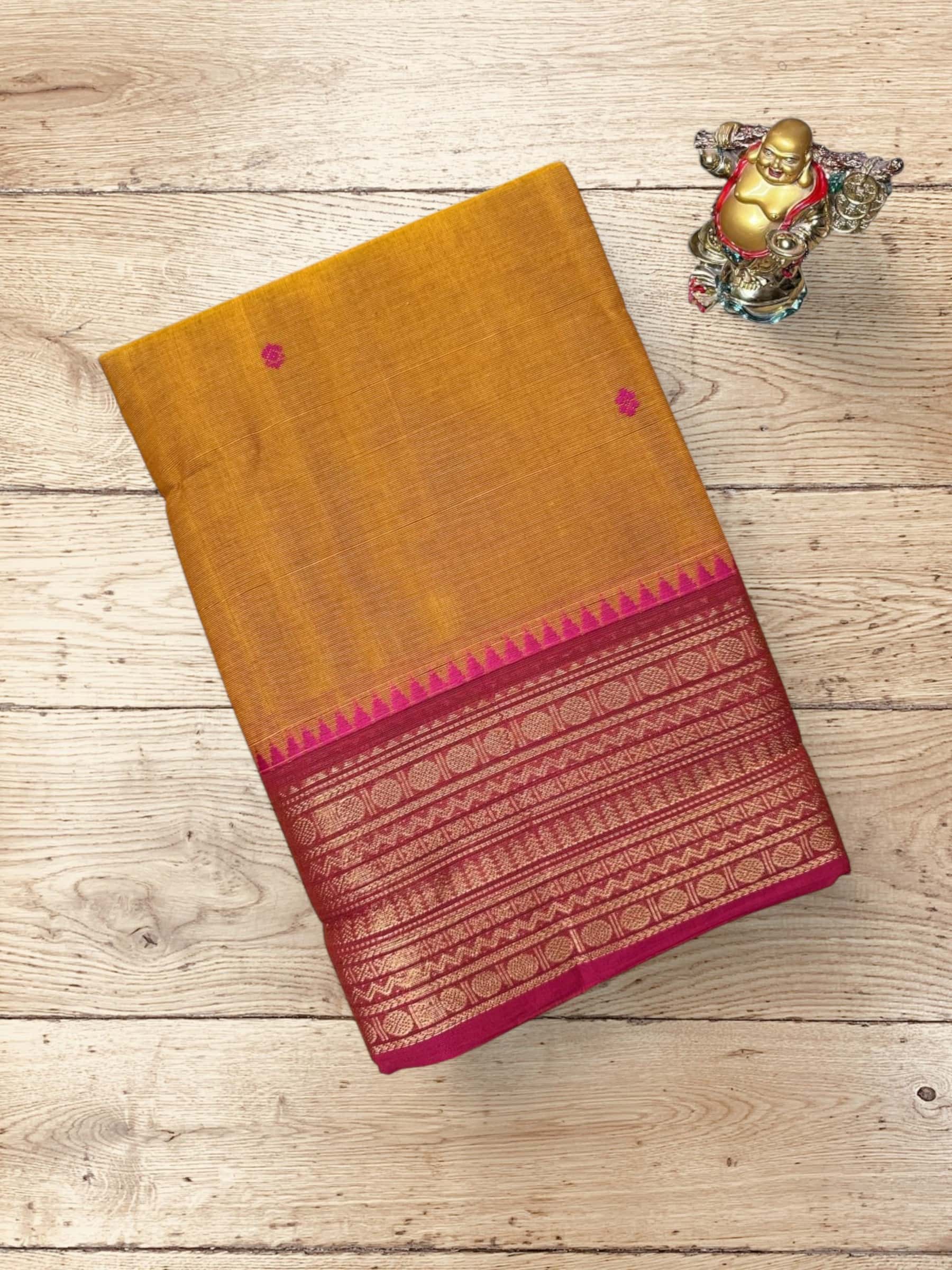 Kanchi Cotton Saree in Mustard with Pink Border