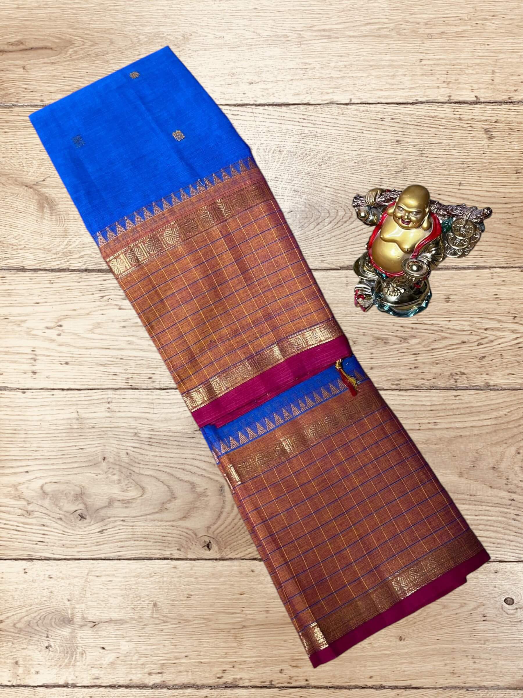 Kanchi Cotton Saree in Blue & Orange