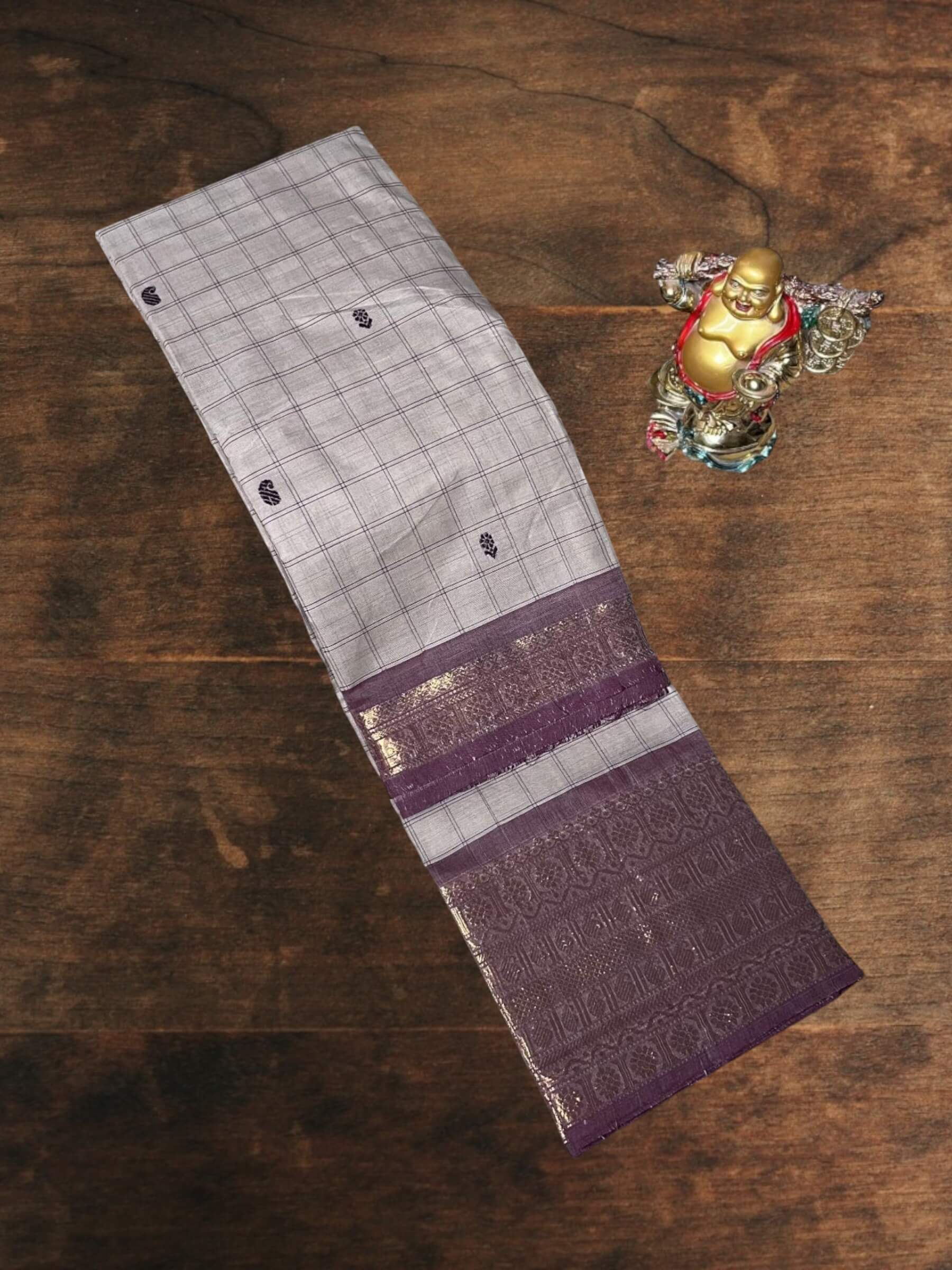 Kanchi Cotton Saree in Beige-Grey & Dusty-Purple