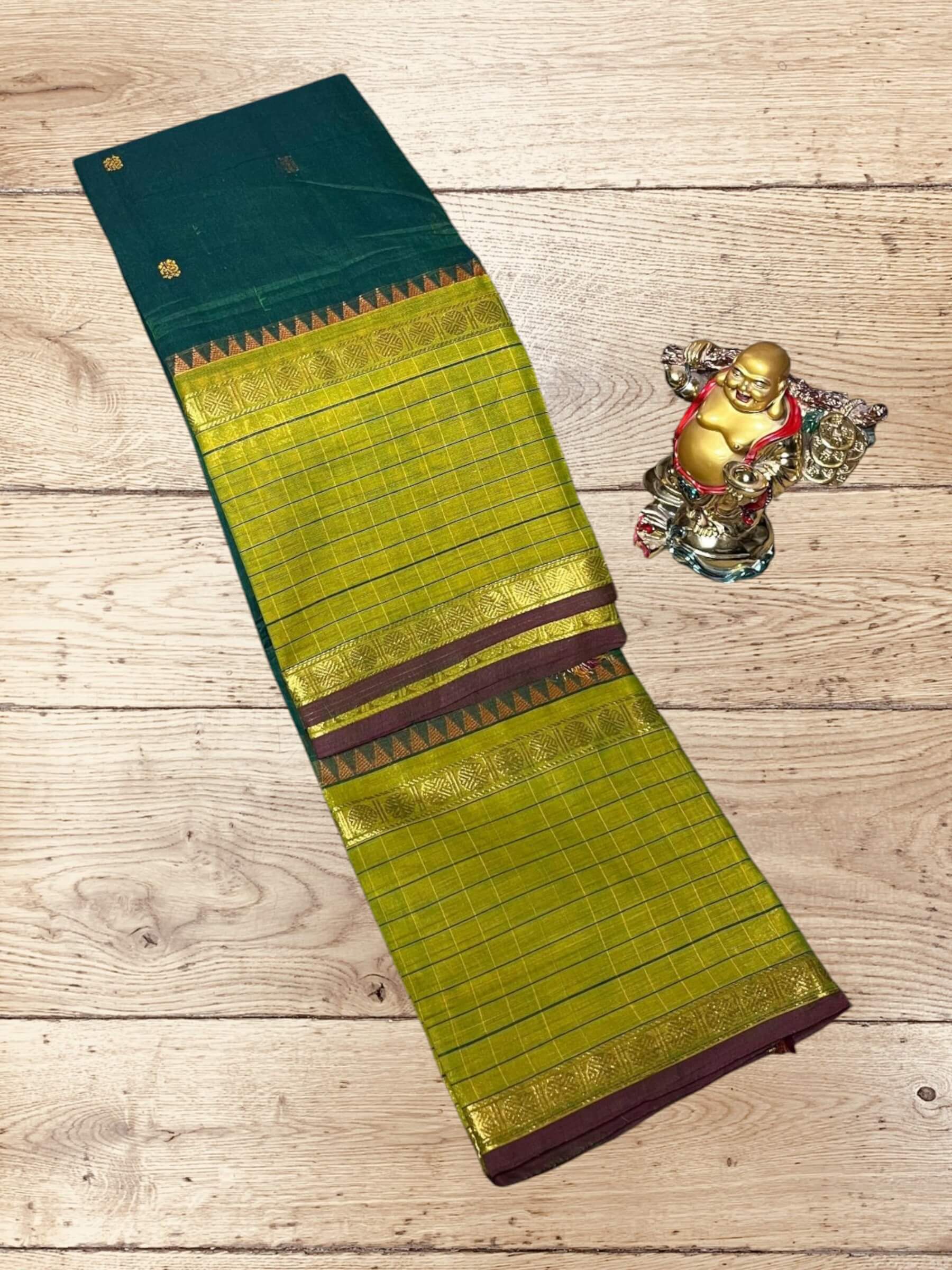 Kanchi Cotton Saree in Dark Teal & Golden Olive