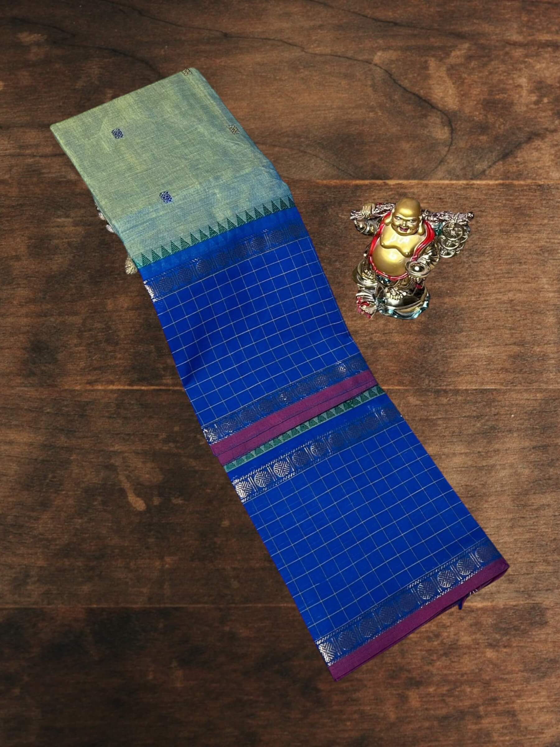 Kanchi Cotton Saree in Earthy-Green & Blue