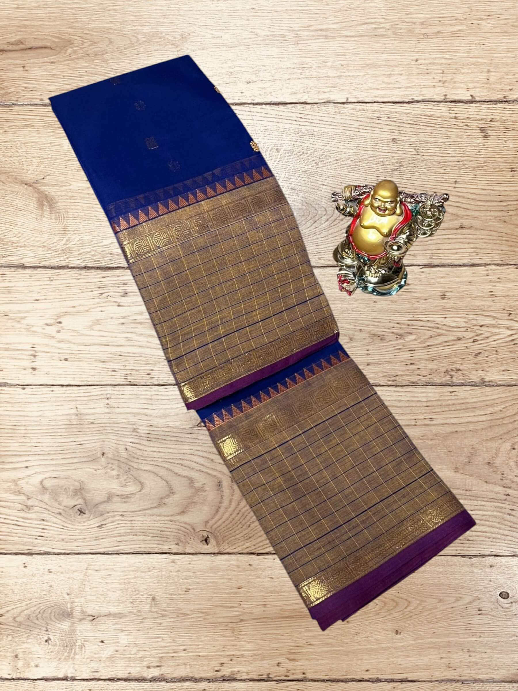 Kanchi Cotton Saree in Navy-Blue & Brown-Gold