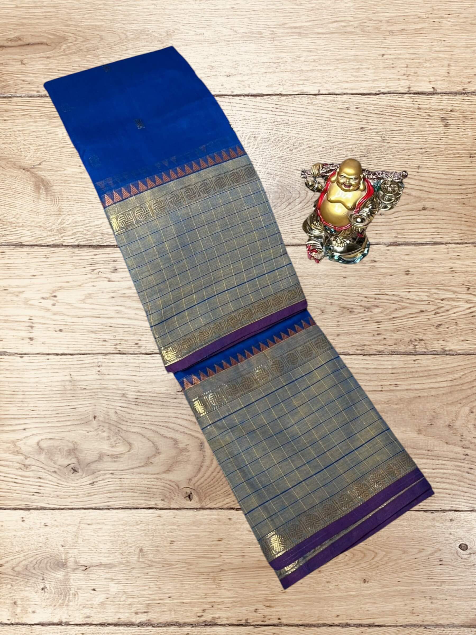 Kanchi Cotton Saree in Navy-Blue & Grayish-Green