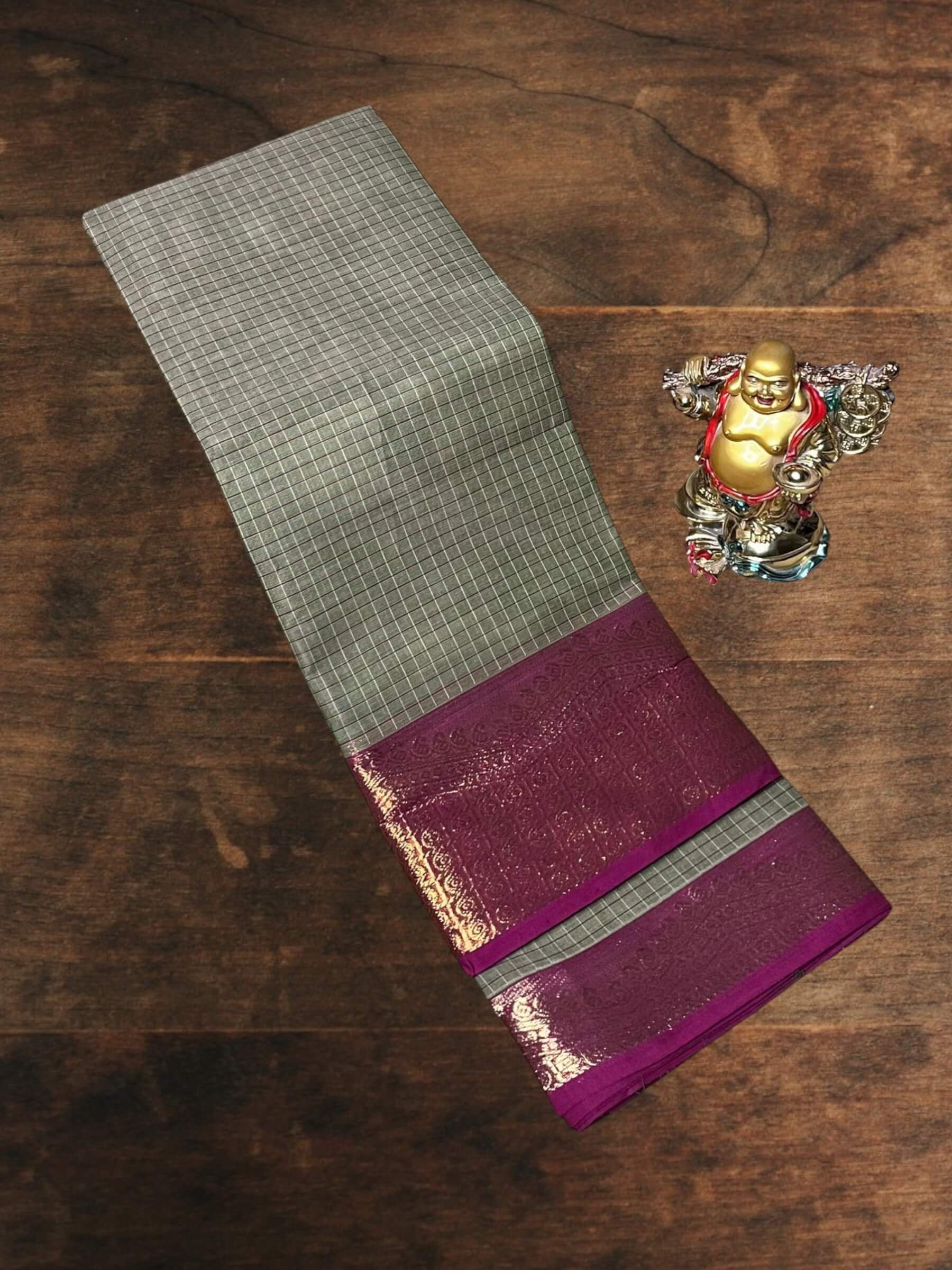 Kanchi Cotton Saree in Greyish-Brown & Burgundy