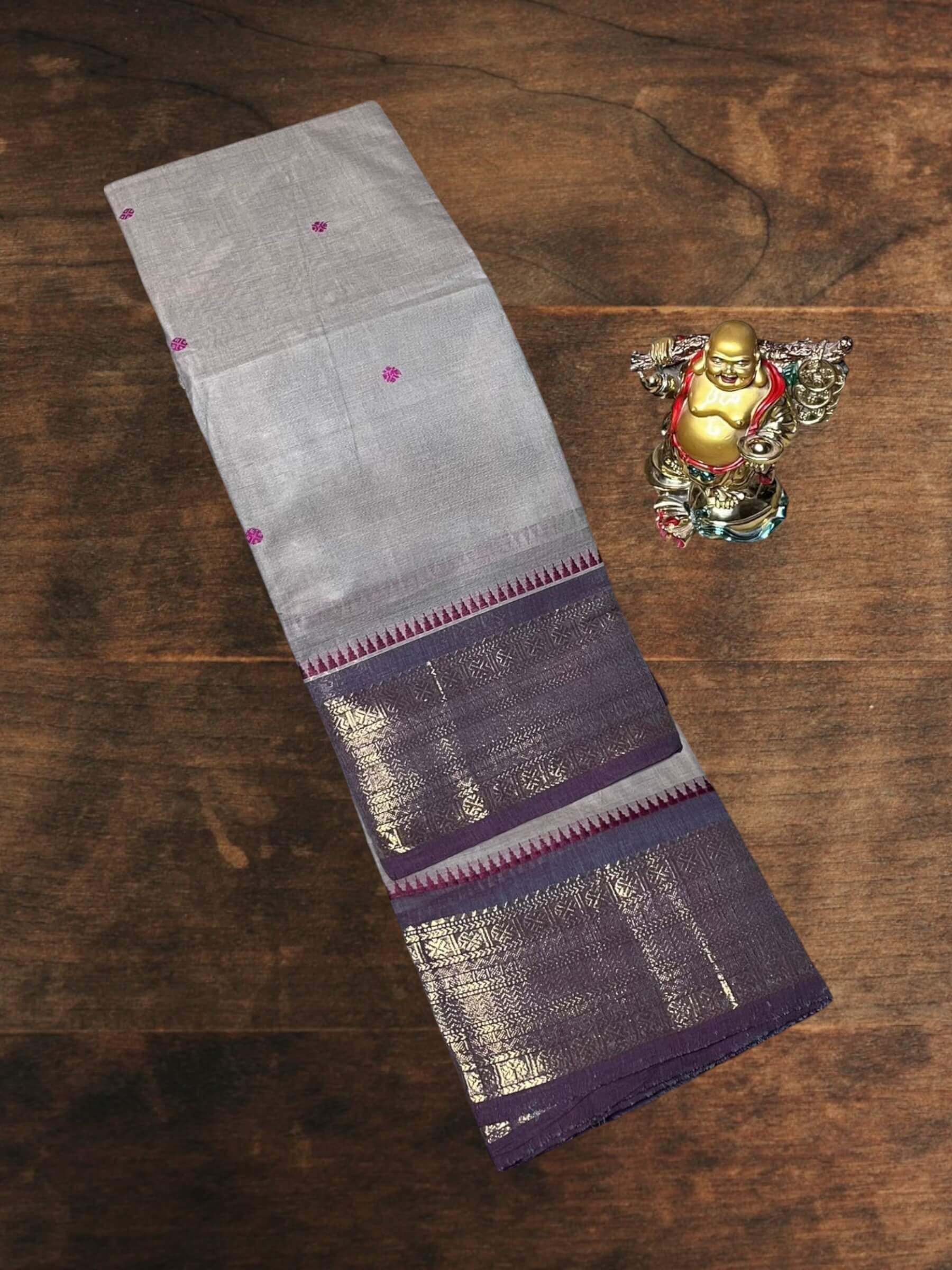 Kanchi Cotton Saree in Gray & Purple-Gray
