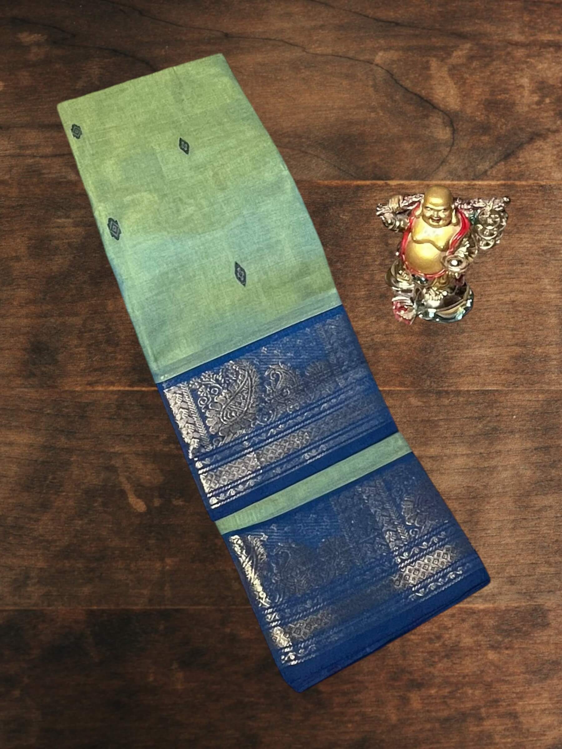 Kanchi Cotton Saree in Mint-Green & Navy-Blue