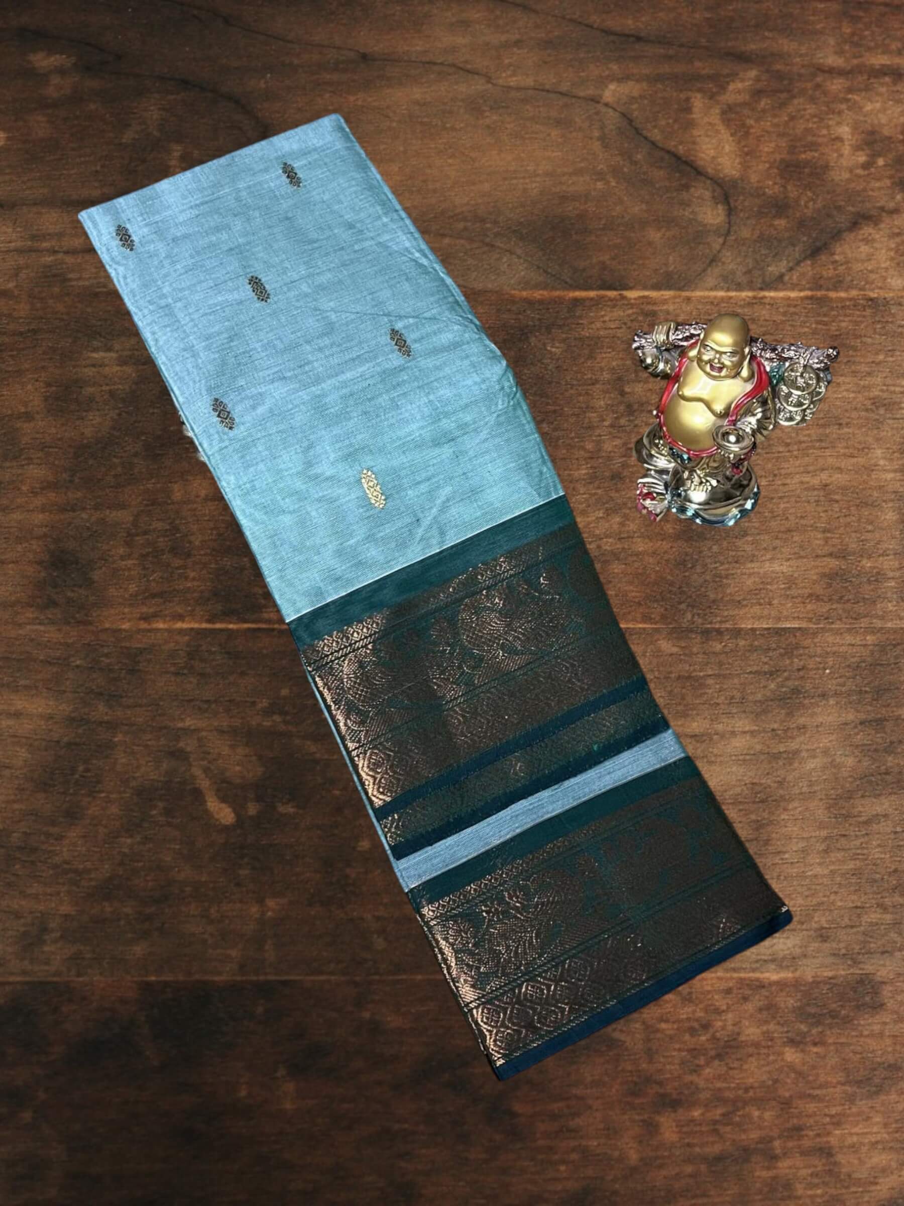 Kanchi Cotton Saree in Light-Blue & Teal