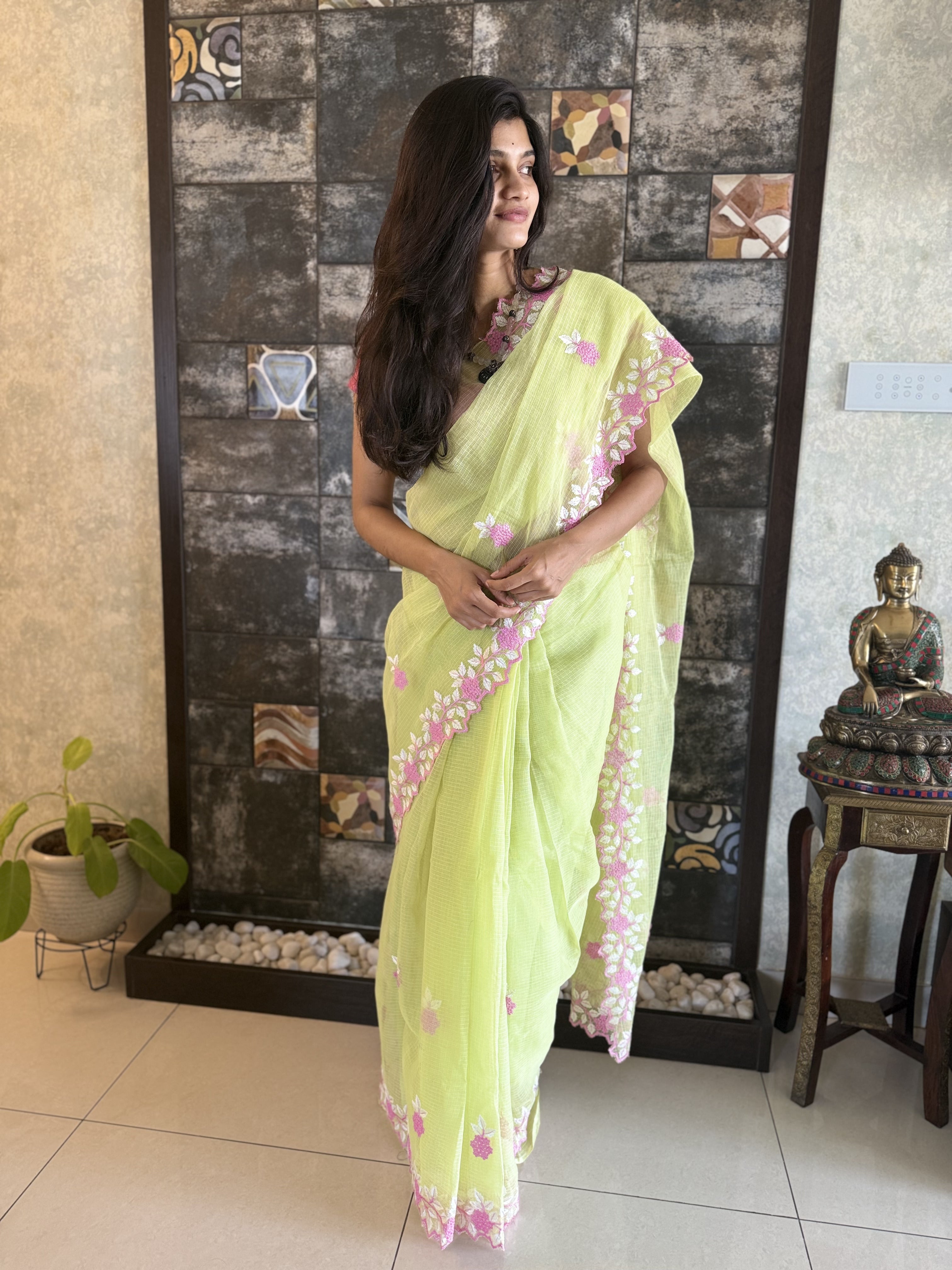 Apple green embroidered Kota Doria saree with pink floral work