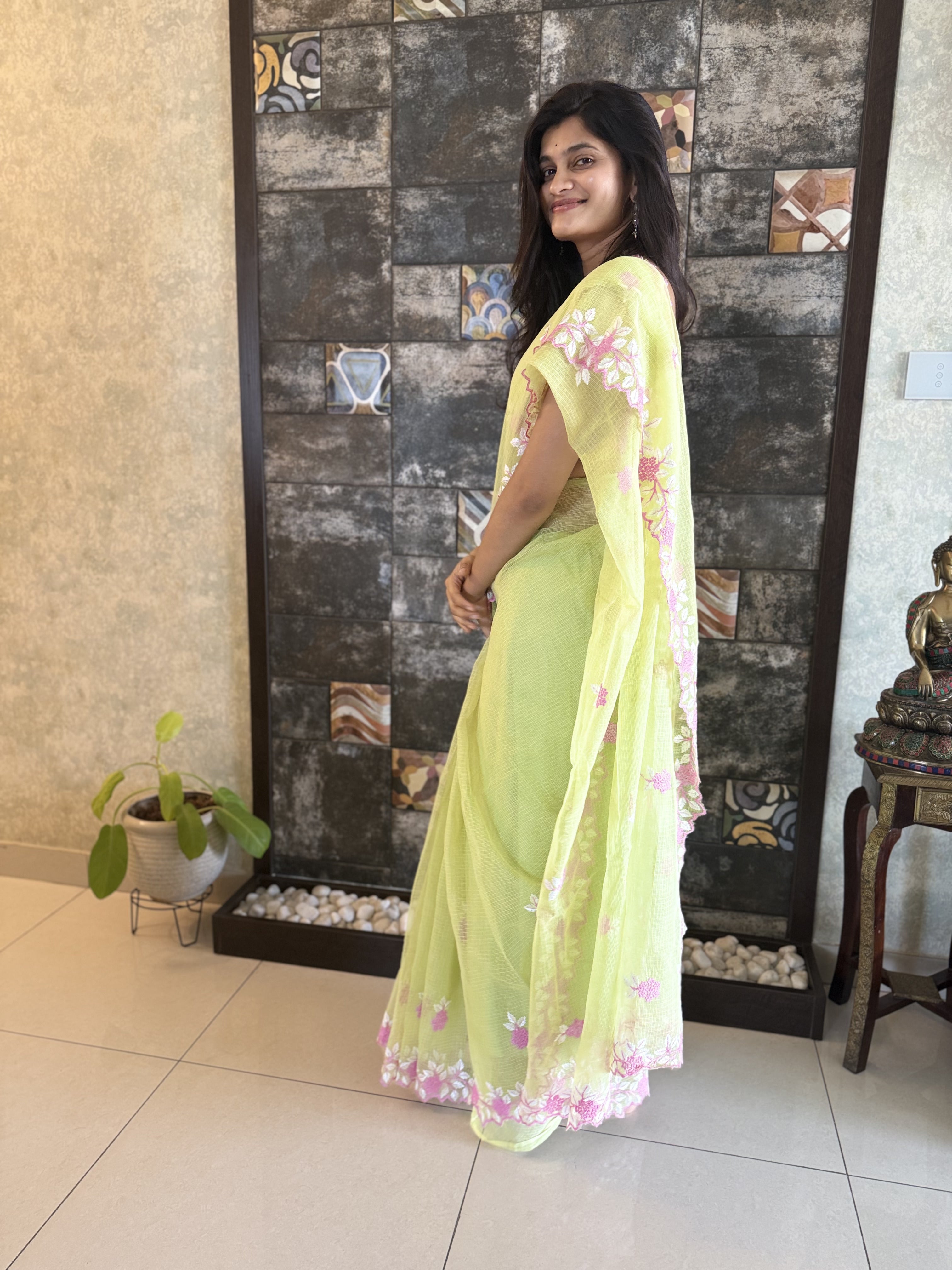 Apple Green Embroidered Kota Doria Saree
