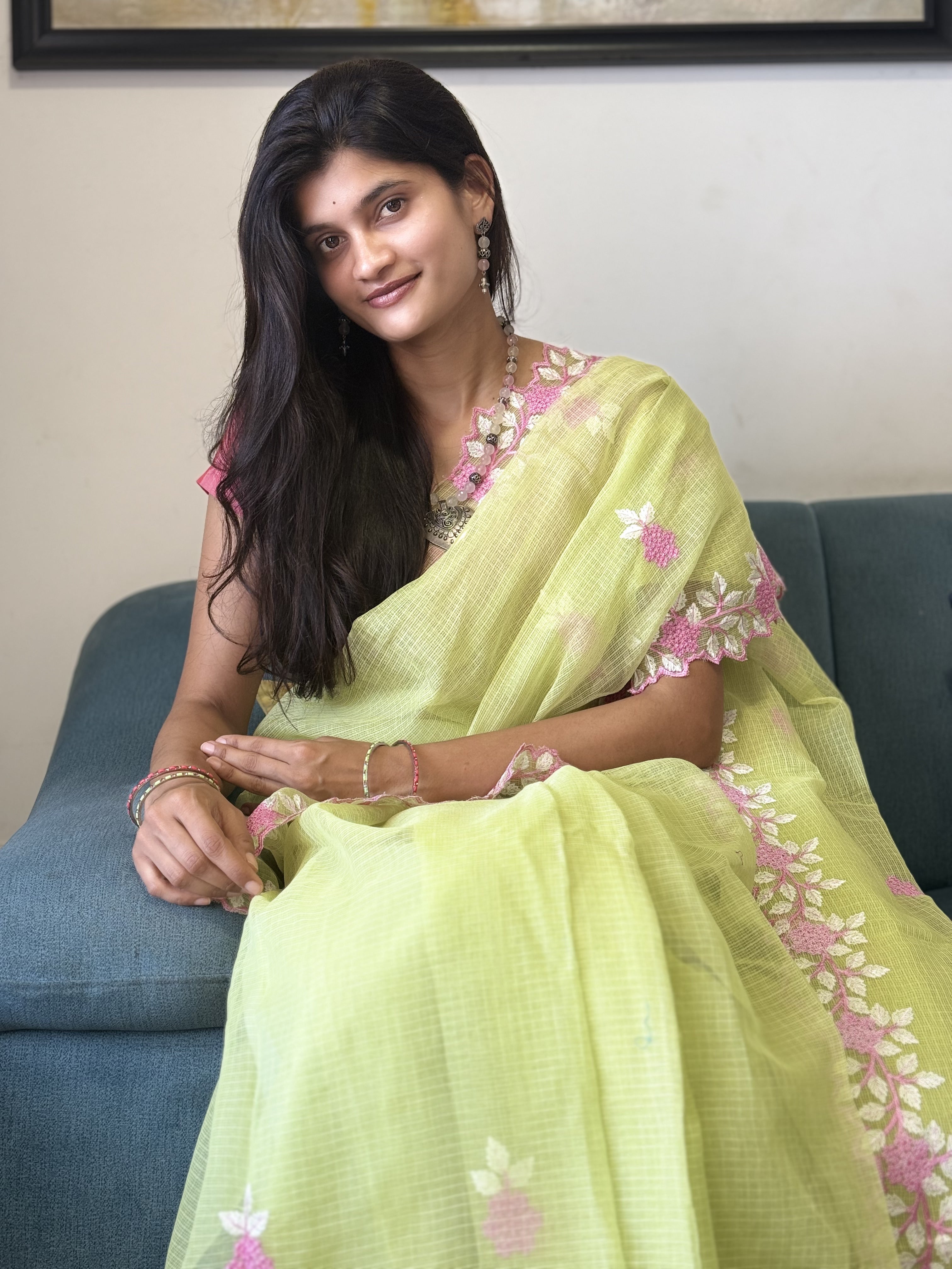 Apple Green Embroidered Kota Doria Saree