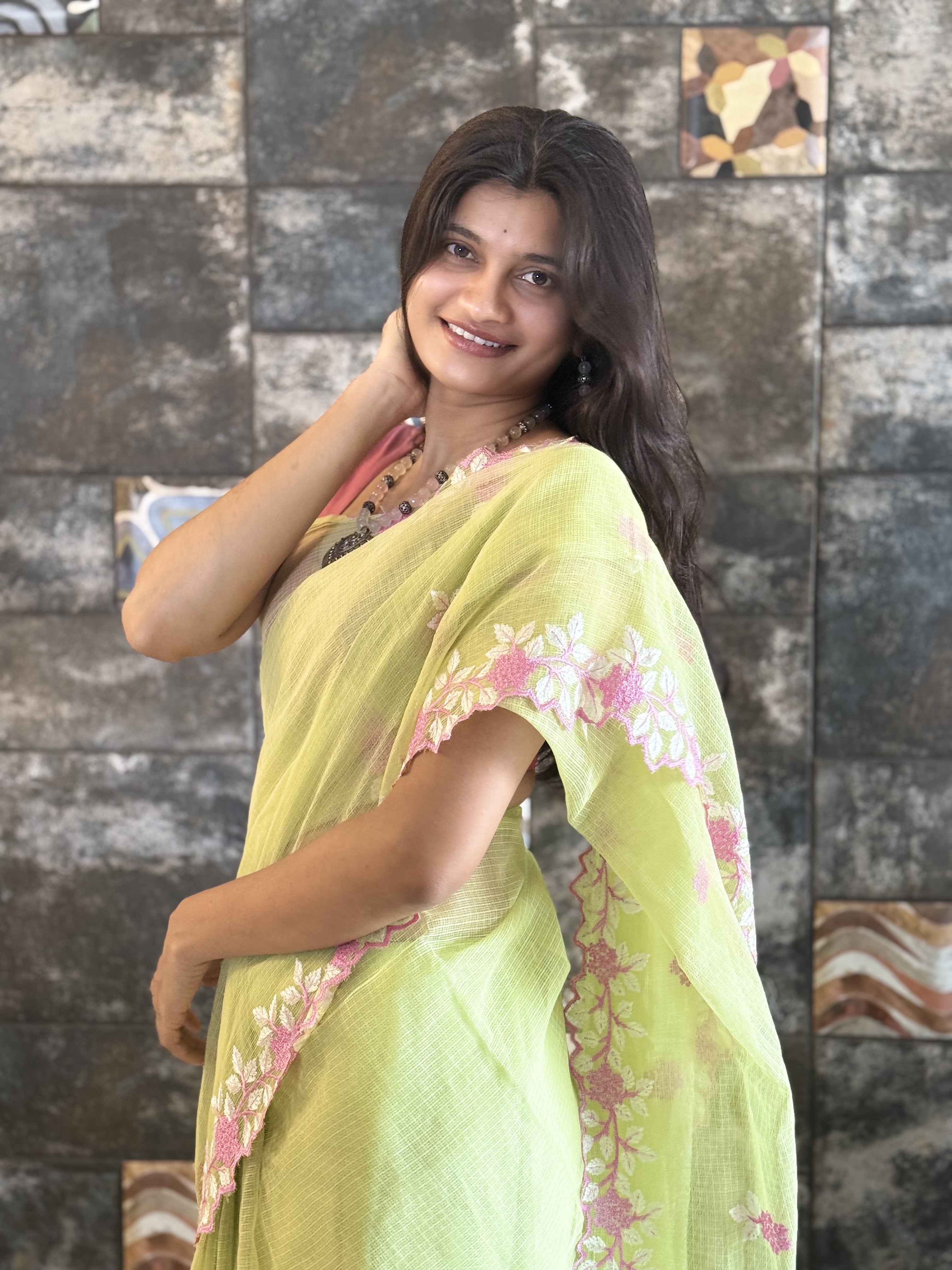 Apple Green Embroidered Kota Doria Saree