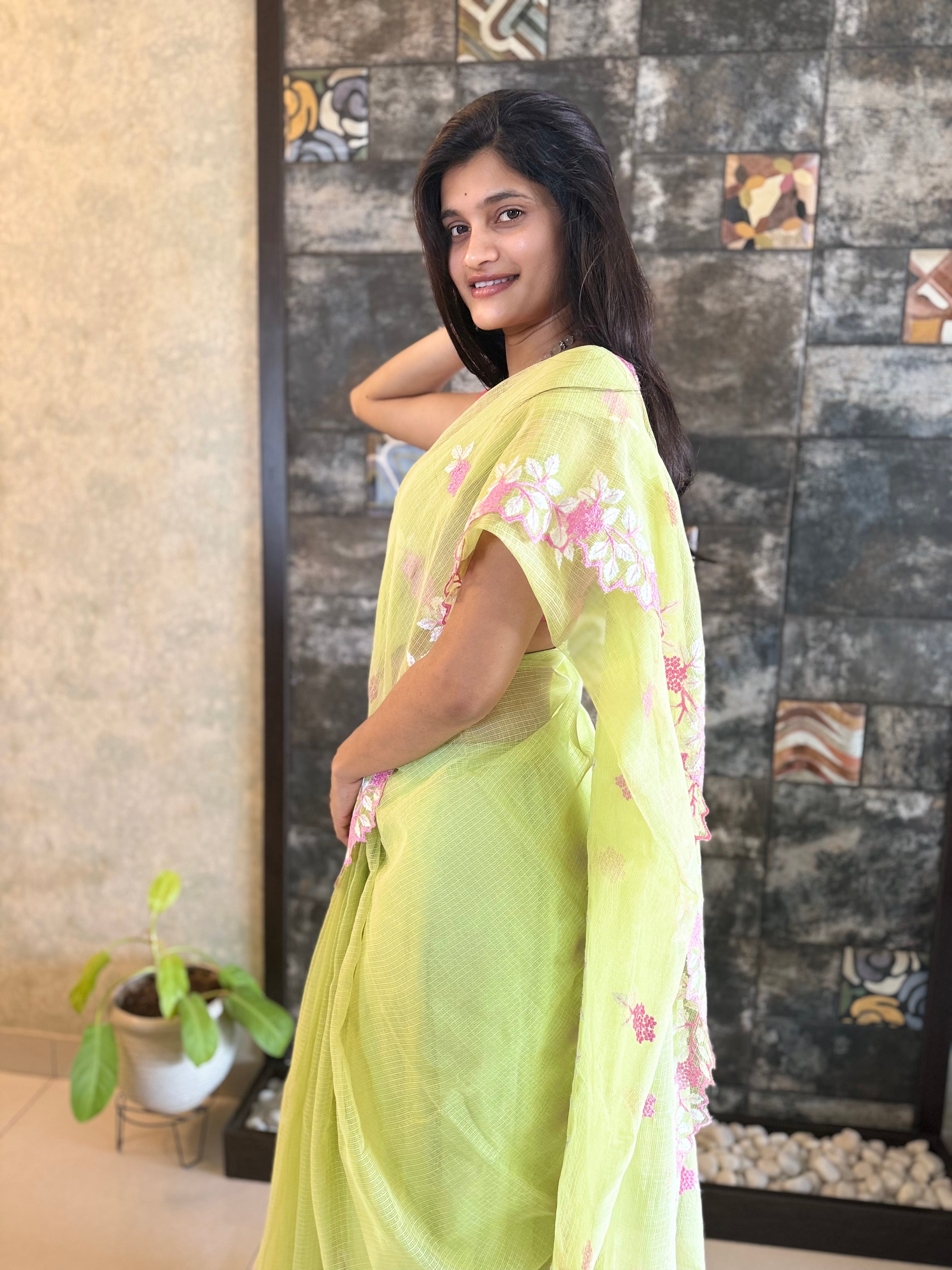 Apple Green Embroidered Kota Doria Saree